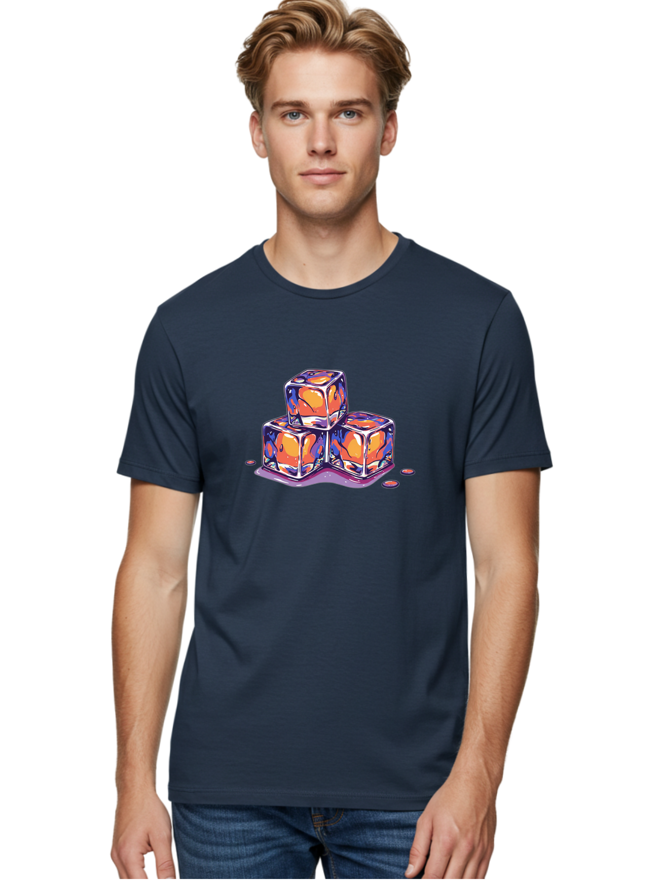 Melting-Ice-Cubes-2 Men'S Graphic Tee, 100% Cotton, Comfortable Casual Summer Wear, Machine Washable, Ice Cubes, Melting Ice, Orange And Blue Swirls, Abstract Design, Liquid Droplets, Colorful Illustration, Vibrant Colors, Refreshing Theme, Bad313