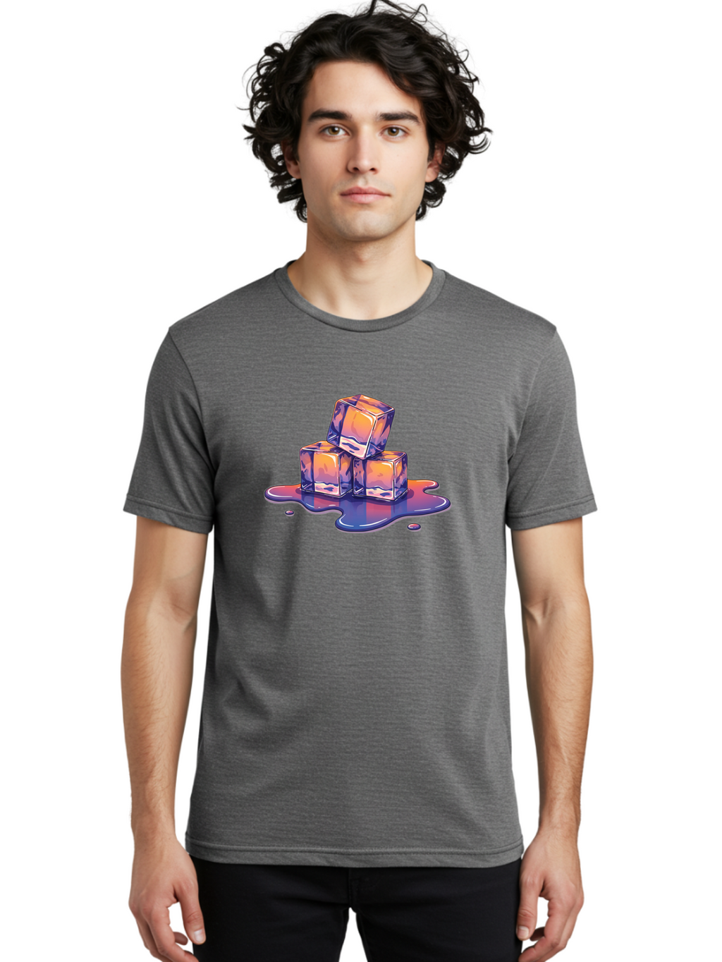 Melting-Ice-Cubes Men'S Graphic Tee, 100% Cotton, Comfortable Casual Summer Wear, Machine Washable, Ice Cubes, Melting Ice, Cold Beverage, Refreshing Drink, Vibrant Colors, Purple And Orange Hues, Liquid Splash, Cool Atmosphere, Frosty Effect Bad314