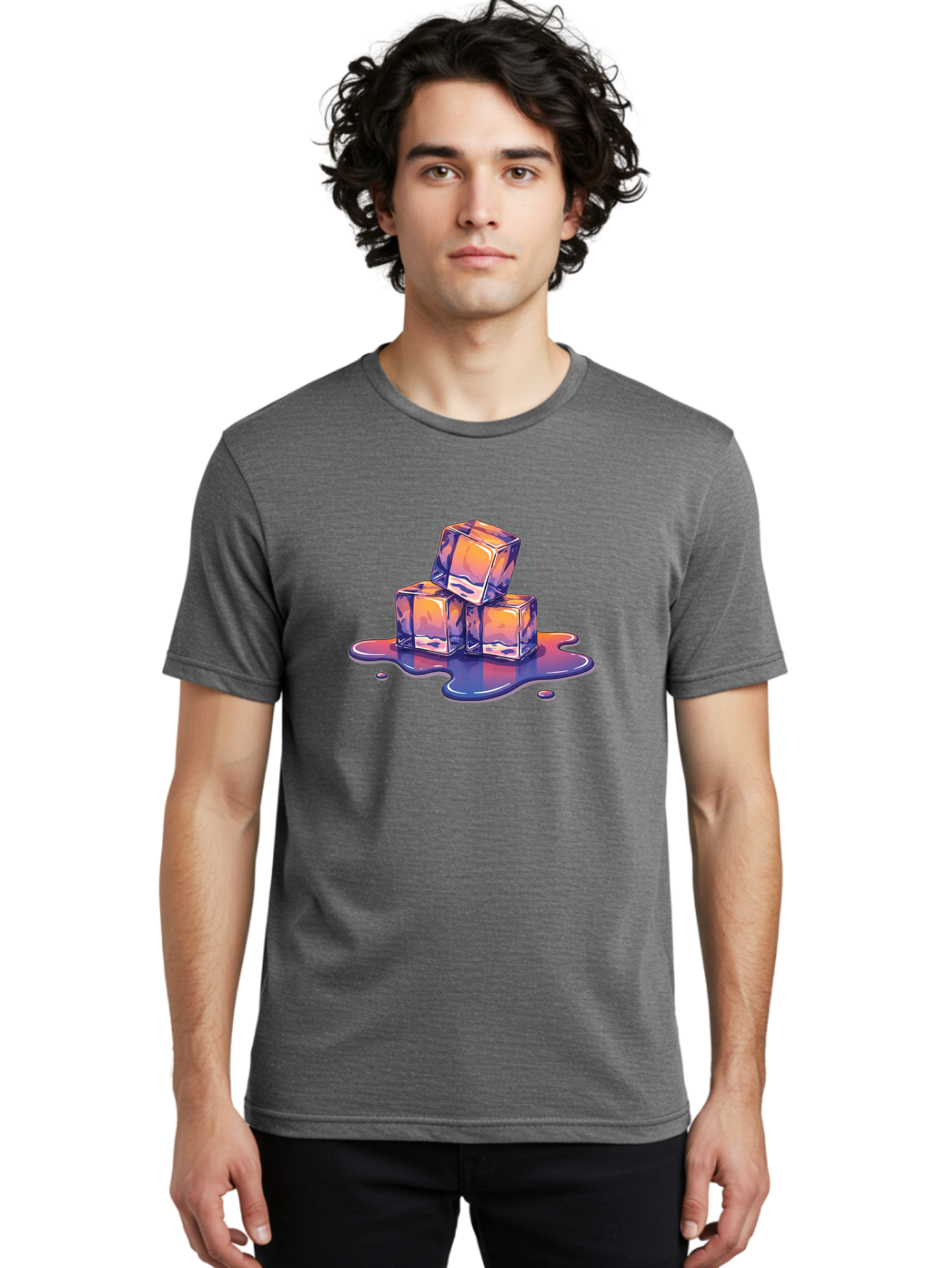 Melting-Ice-Cubes Men'S Graphic Tee, 100% Cotton, Comfortable Casual Summer Wear, Machine Washable, Ice Cubes, Melting Ice, Cold Beverage, Refreshing Drink, Vibrant Colors, Purple And Orange Hues, Liquid Splash, Cool Atmosphere, Frosty Effect Bad314