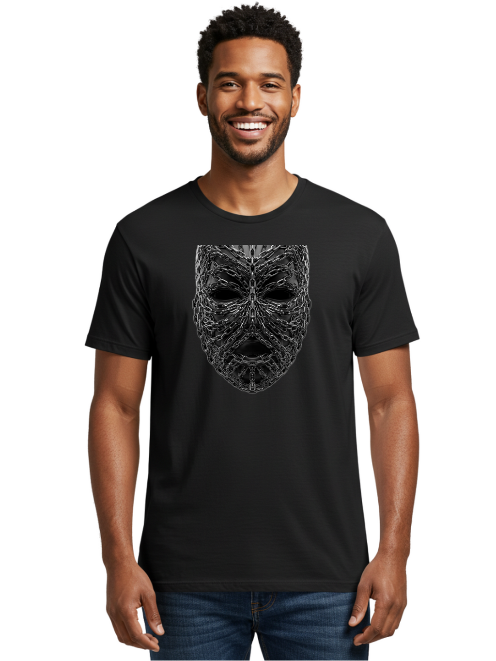 Metal-Chain-Mask Men'S Graphic Tee, 100% Cotton, Comfortable Casual Summer Wear, Machine Washable, Black Mask With Chains, Metal Chains Wrapped Around Face, Eerie Atmosphere, Dark Art, Gothic Style, Industrial Design, Chains, Mask, Bad316