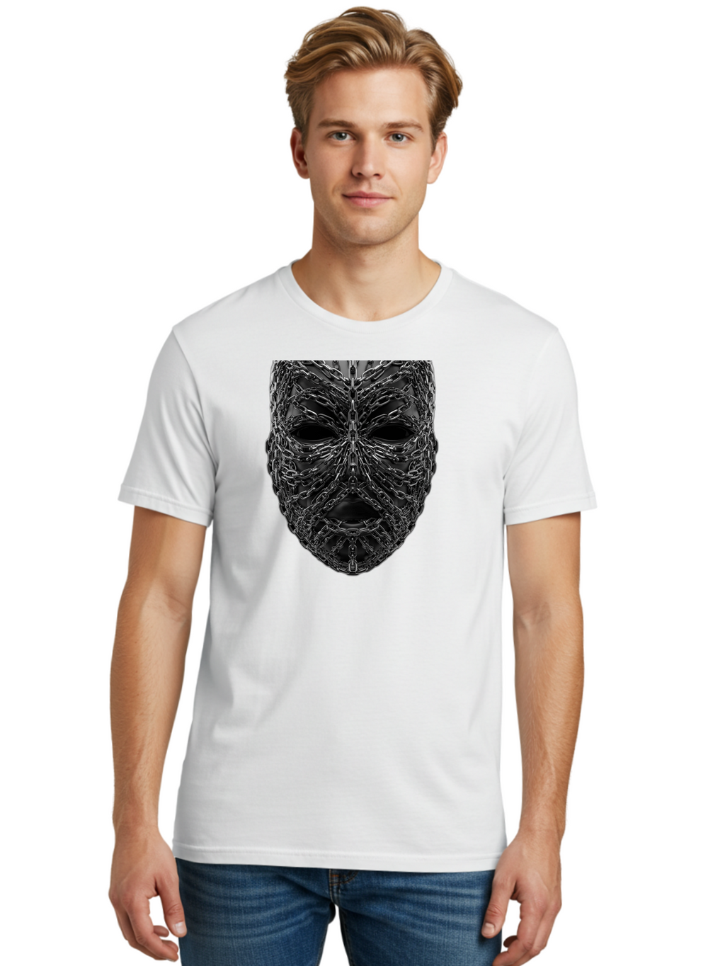 Metal-Chain-Mask Men'S Graphic Tee, 100% Cotton, Comfortable Casual Summer Wear, Machine Washable, Black Mask With Chains, Metal Chains Wrapped Around Face, Eerie Atmosphere, Dark Art, Gothic Style, Industrial Design, Chains, Mask, Bad316