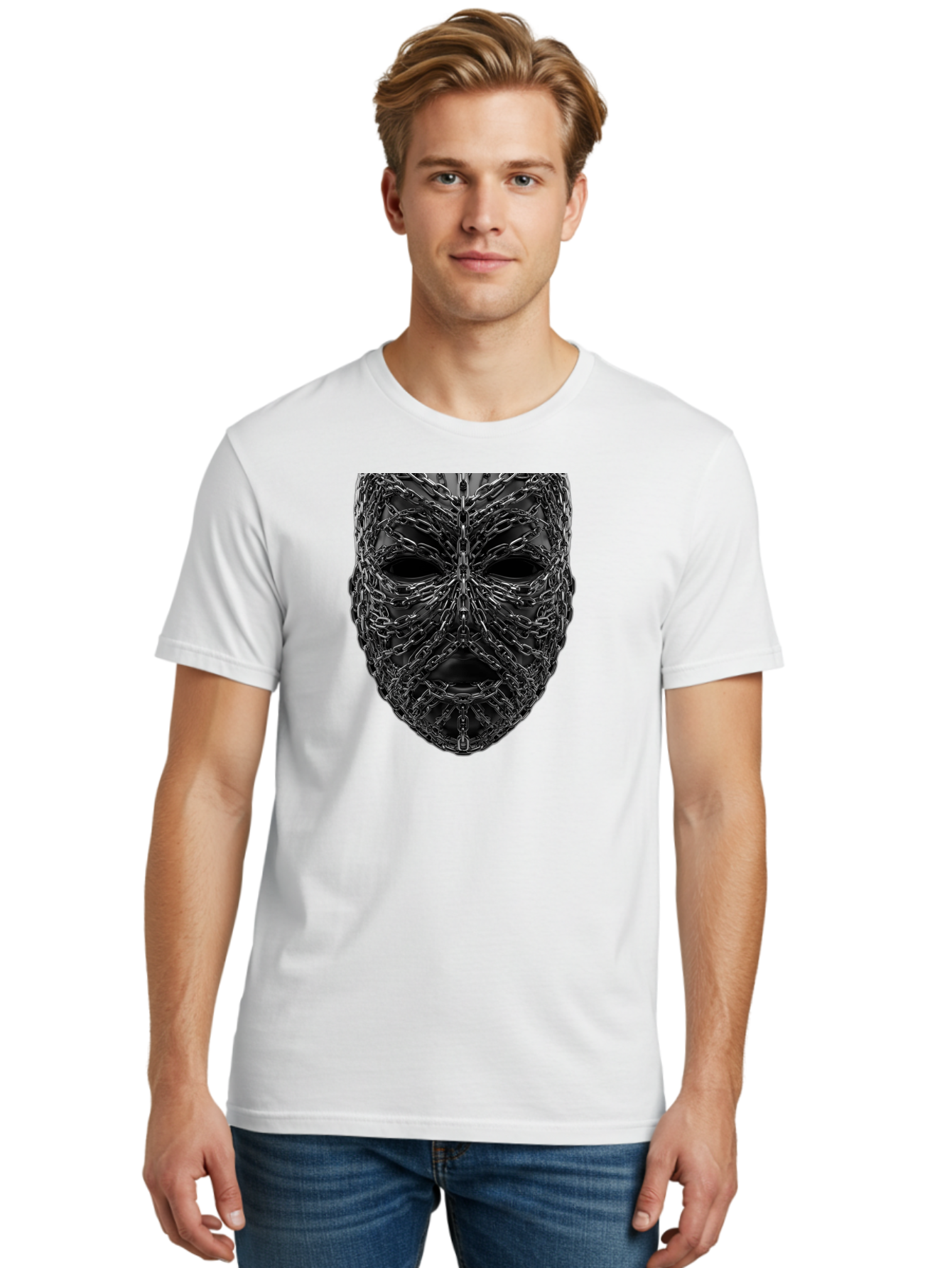 Metal-Chain-Mask Men'S Graphic Tee, 100% Cotton, Comfortable Casual Summer Wear, Machine Washable, Black Mask With Chains, Metal Chains Wrapped Around Face, Eerie Atmosphere, Dark Art, Gothic Style, Industrial Design, Chains, Mask, Bad316