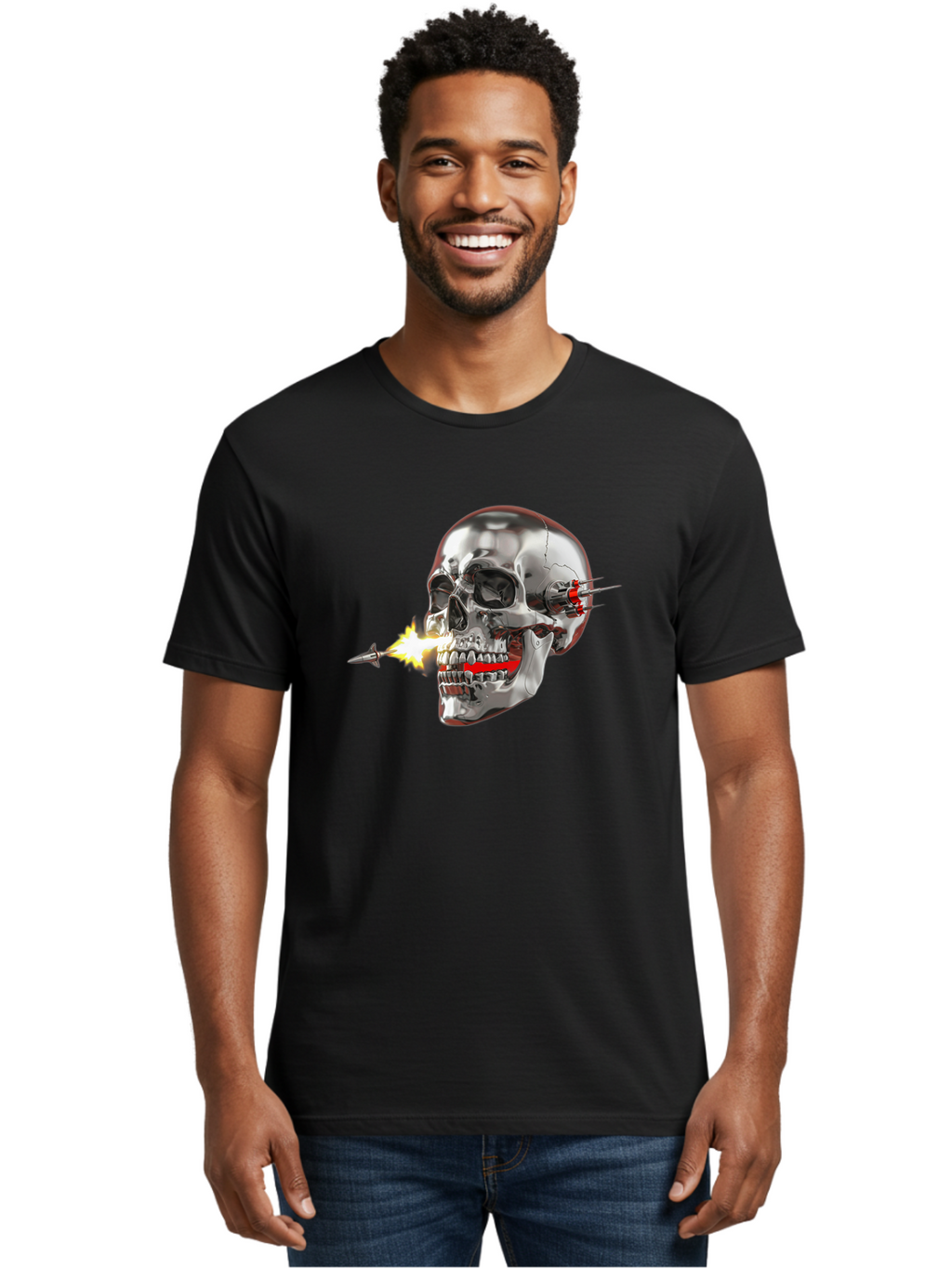 Metal-Skull Men'S Graphic Tee, 100% Cotton, Comfortable Casual Summer Wear, Machine Washable, Metal Skull, Robotic Skull, Futuristic Design, Cybernetic Enhancements, Metallic Finish, Sharp Teeth, Red Accents, Sci-Fi Element, Metal Implants, Bad317