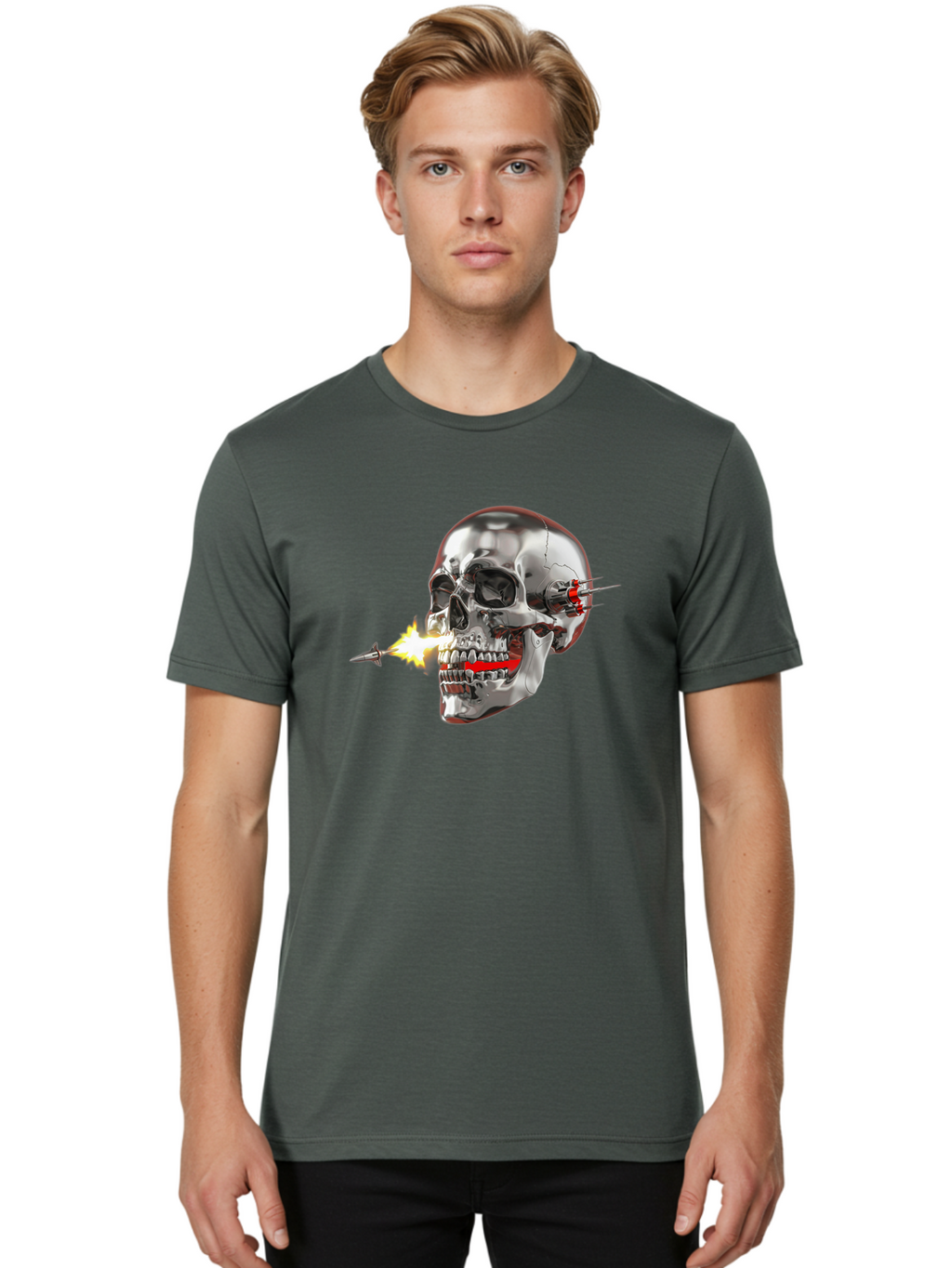 Metal-Skull Men'S Graphic Tee, 100% Cotton, Comfortable Casual Summer Wear, Machine Washable, Metal Skull, Robotic Skull, Futuristic Design, Cybernetic Enhancements, Metallic Finish, Sharp Teeth, Red Accents, Sci-Fi Element, Metal Implants, Bad317