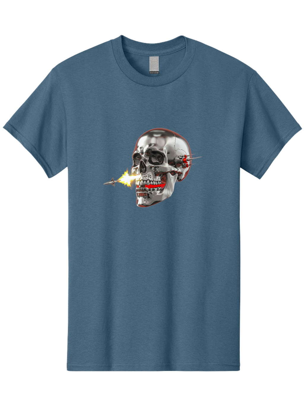 Metal-Skull Men'S Graphic Tee, 100% Cotton, Comfortable Casual Summer Wear, Machine Washable, Metal Skull, Robotic Skull, Futuristic Design, Cybernetic Enhancements, Metallic Finish, Sharp Teeth, Red Accents, Sci-Fi Element, Metal Implants, Bad317