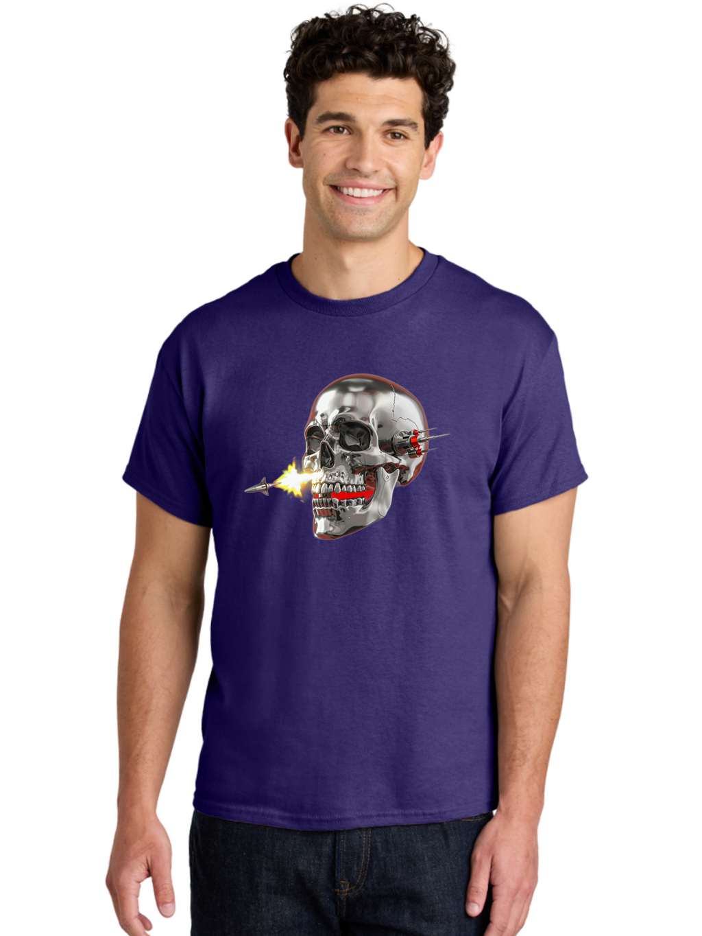 Metal-Skull Men'S Graphic Tee, 100% Cotton, Comfortable Casual Summer Wear, Machine Washable, Metal Skull, Robotic Skull, Futuristic Design, Cybernetic Enhancements, Metallic Finish, Sharp Teeth, Red Accents, Sci-Fi Element, Metal Implants, Bad317