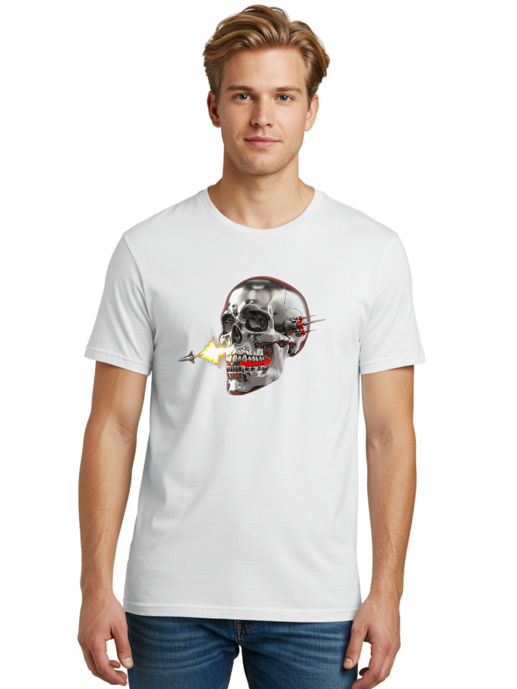 Metal-Skull Men'S Graphic Tee, 100% Cotton, Comfortable Casual Summer Wear, Machine Washable, Metal Skull, Robotic Skull, Futuristic Design, Cybernetic Enhancements, Metallic Finish, Sharp Teeth, Red Accents, Sci-Fi Element, Metal Implants, Bad317