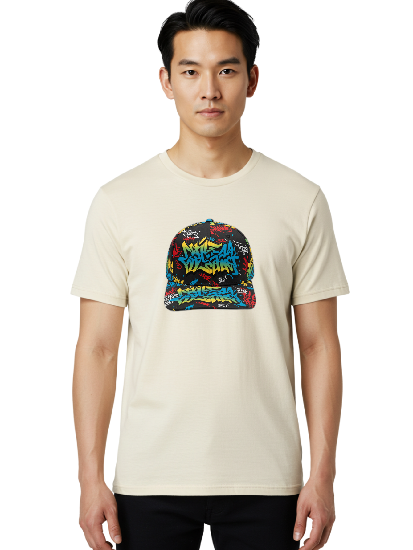 Mike-D-S-Graffiti-Cap Men'S Graphic Tee, 100% Cotton, Comfortable Casual Summer Wear, Machine Washable, Baseball Cap, Graffiti Style, Streetwear Fashion, Urban Clothing, Bold Designs, Vibrant Colors, Stylish Accessories, Casual Wear, Bad318