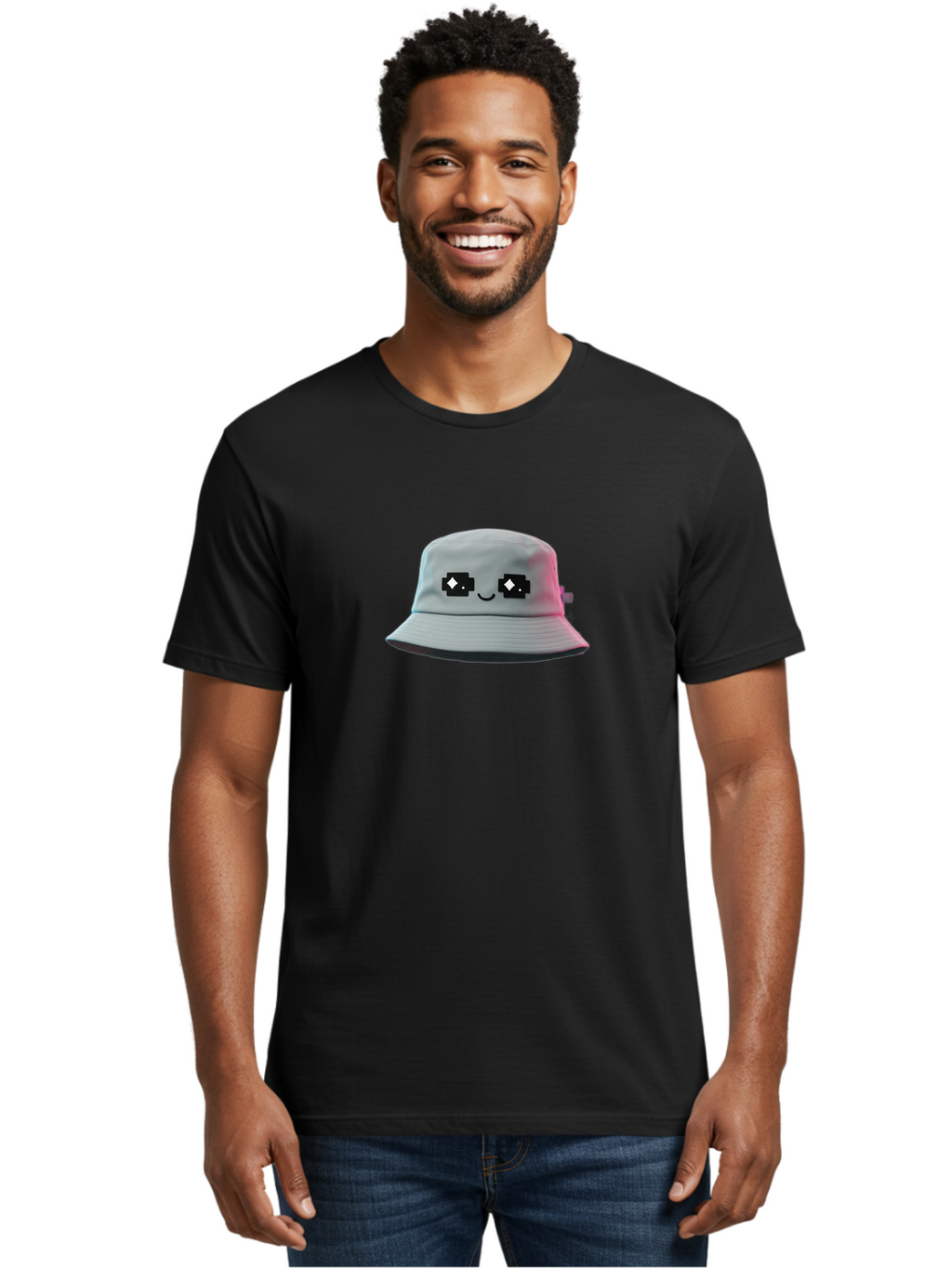 Minecraft-Hat Men'S Graphic Tee, 100% Cotton, Comfortable Casual Summer Wear, Machine Washable, White Bucket Hat, Pixel Art Eyes, Smiling Face, Trendy Accessories, Casual Wear, Fashion Hats, Cartoon Character Bad322