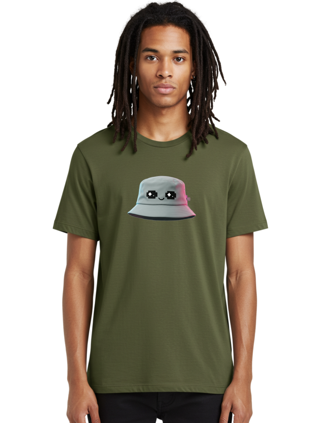 Minecraft-Hat Men'S Graphic Tee, 100% Cotton, Comfortable Casual Summer Wear, Machine Washable, White Bucket Hat, Pixel Art Eyes, Smiling Face, Trendy Accessories, Casual Wear, Fashion Hats, Cartoon Character Bad322