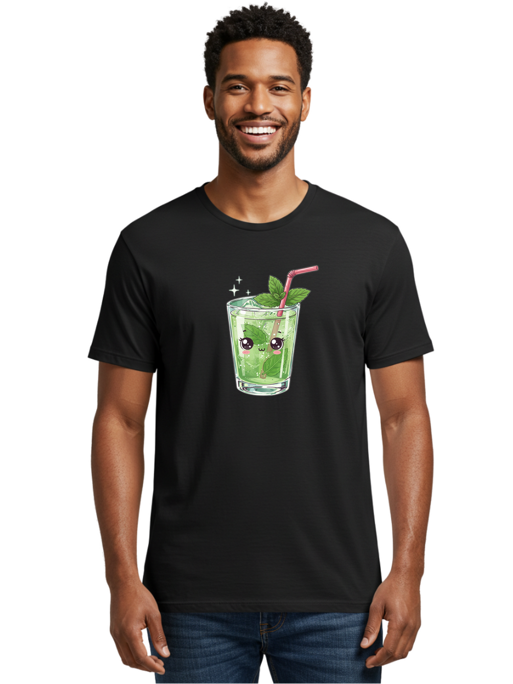Mint-Drink Men'S Graphic Tee, 100% Cotton, Comfortable Casual Summer Wear, Machine Washable, Mojito Cocktail, Refreshing Drink, Summer Beverage, Mint Leaves, Cute Cartoon Character, Sparkle, Pink Straw, Cool Drink, Trendy Bad323