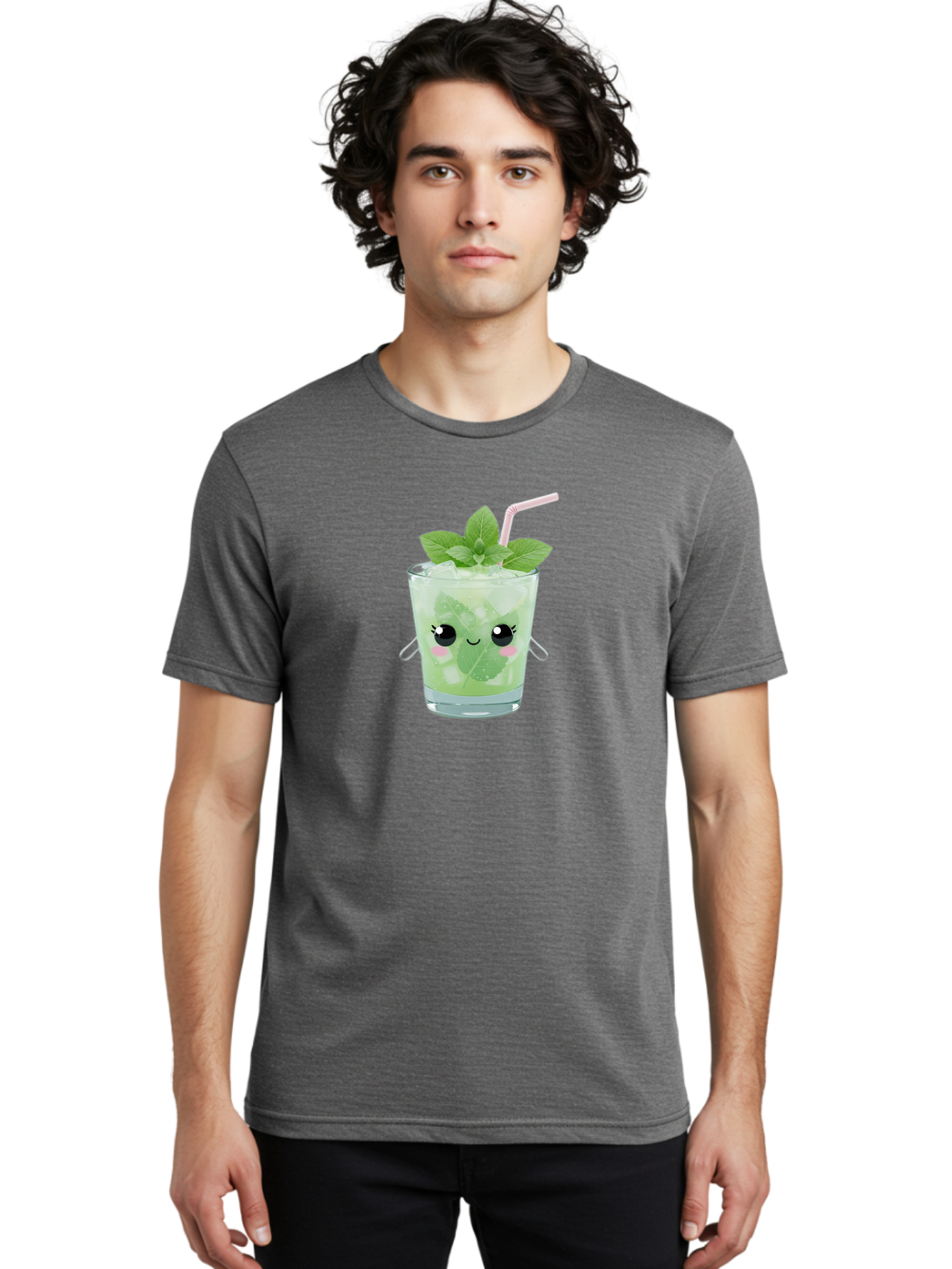 Minty-Cocktail Men'S Graphic Tee, 100% Cotton, Comfortable Casual Summer Wear, Machine Washable, Mint Cocktail, Refreshing Drink, Kawaii Cocktail, Cute Drink, Cartoon Eyes, Mojito, Green Cocktail, Iced Beverage, Straw, Mint Leaves Bad325
