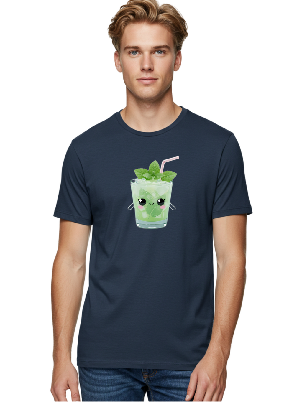 Minty-Cocktail Men'S Graphic Tee, 100% Cotton, Comfortable Casual Summer Wear, Machine Washable, Mint Cocktail, Refreshing Drink, Kawaii Cocktail, Cute Drink, Cartoon Eyes, Mojito, Green Cocktail, Iced Beverage, Straw, Mint Leaves Bad325
