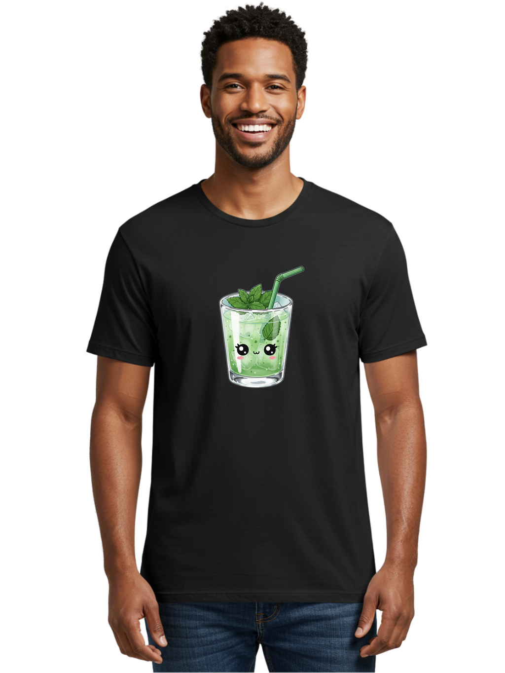 Minty-Drink-1 Men'S Graphic Tee, 100% Cotton, Comfortable Casual Summer Wear, Machine Washable, Refreshing Drink, Mint Leaves, Cute Cartoon Face, Green Straw, Cool Beverage, Iced Drink, Mojito, Summer Refreshment, Fun Illustration, Bad326