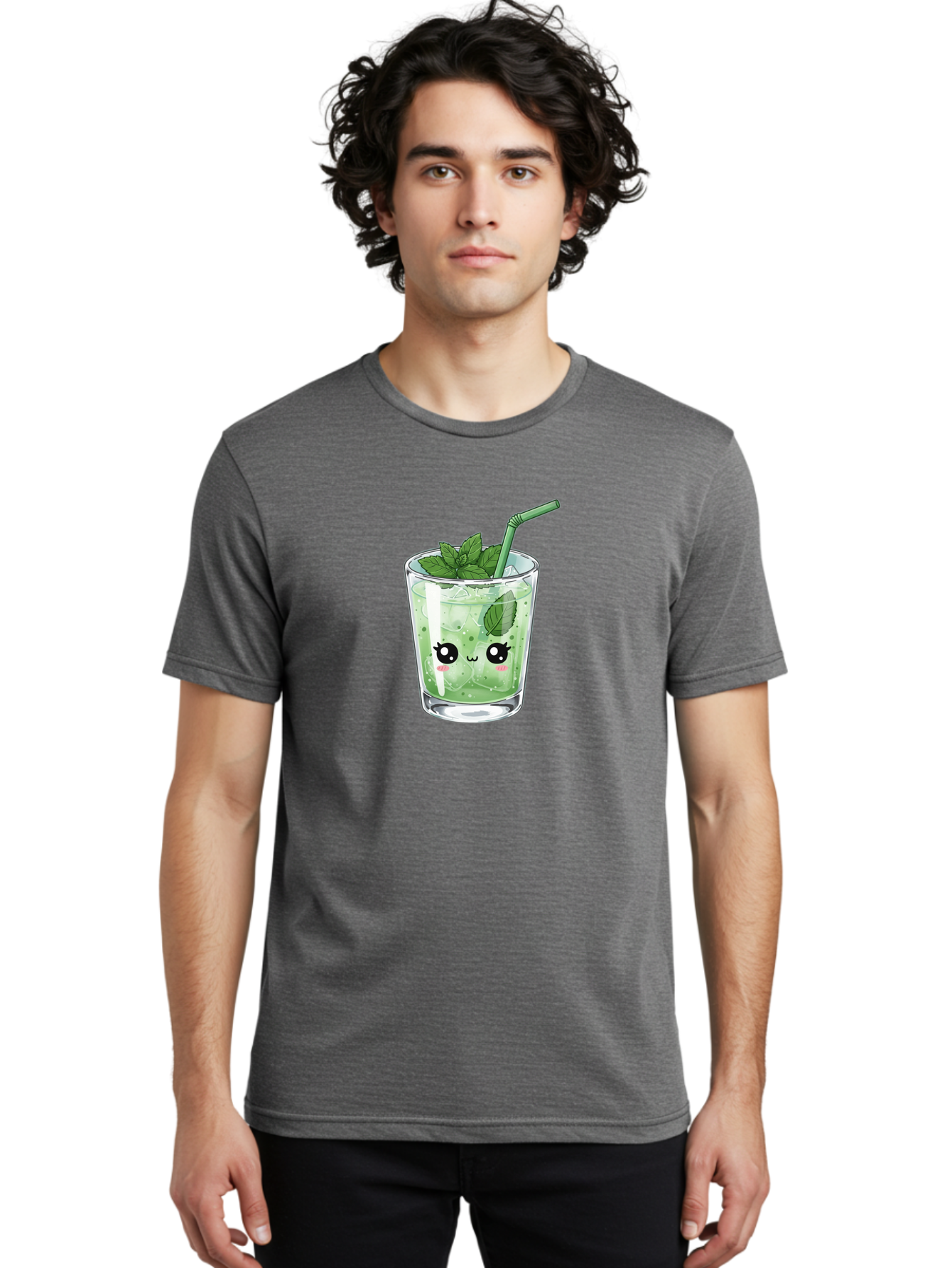 Minty-Drink-1 Men'S Graphic Tee, 100% Cotton, Comfortable Casual Summer Wear, Machine Washable, Refreshing Drink, Mint Leaves, Cute Cartoon Face, Green Straw, Cool Beverage, Iced Drink, Mojito, Summer Refreshment, Fun Illustration, Bad326