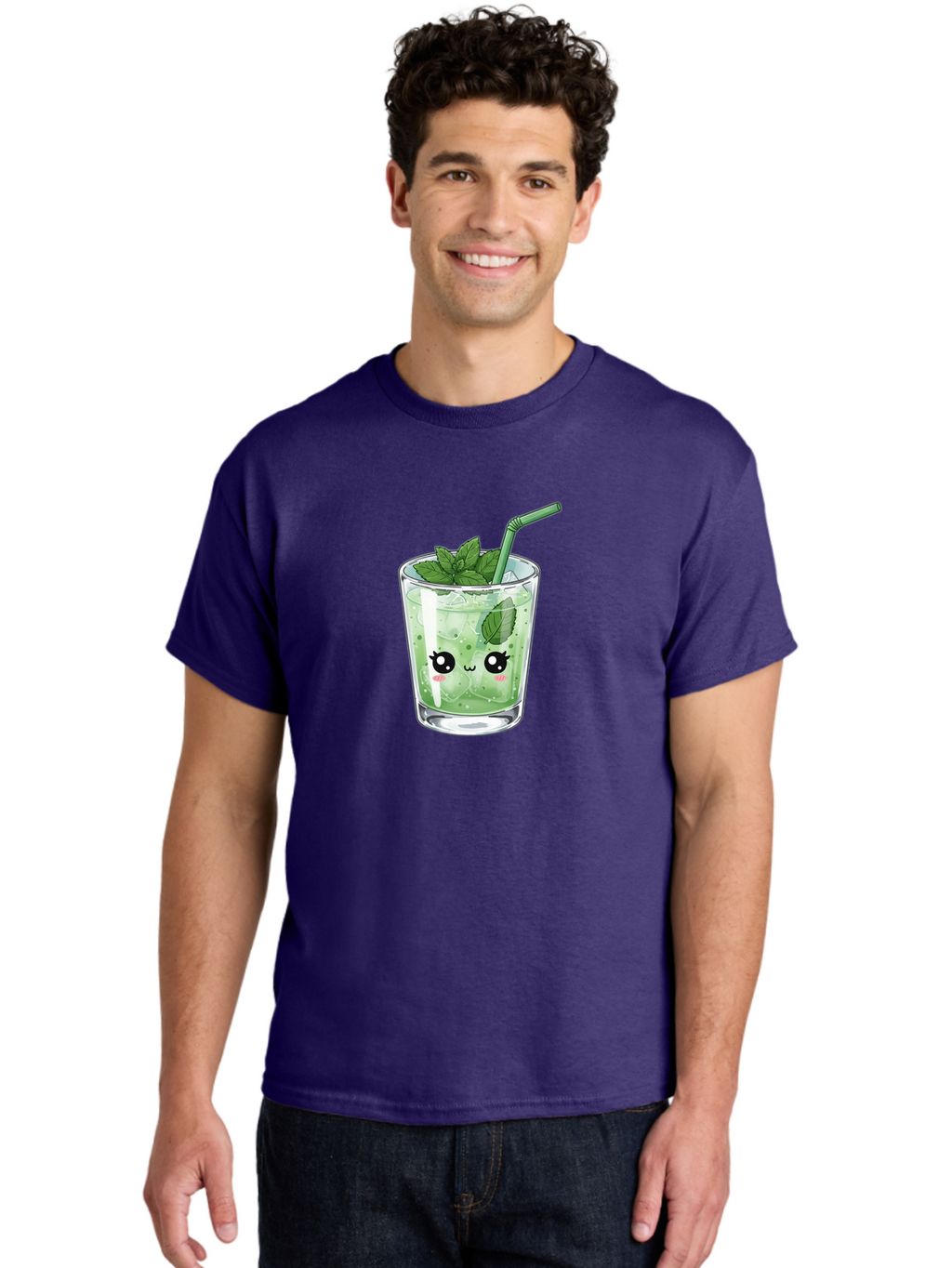 Minty-Drink-1 Men'S Graphic Tee, 100% Cotton, Comfortable Casual Summer Wear, Machine Washable, Refreshing Drink, Mint Leaves, Cute Cartoon Face, Green Straw, Cool Beverage, Iced Drink, Mojito, Summer Refreshment, Fun Illustration, Bad326