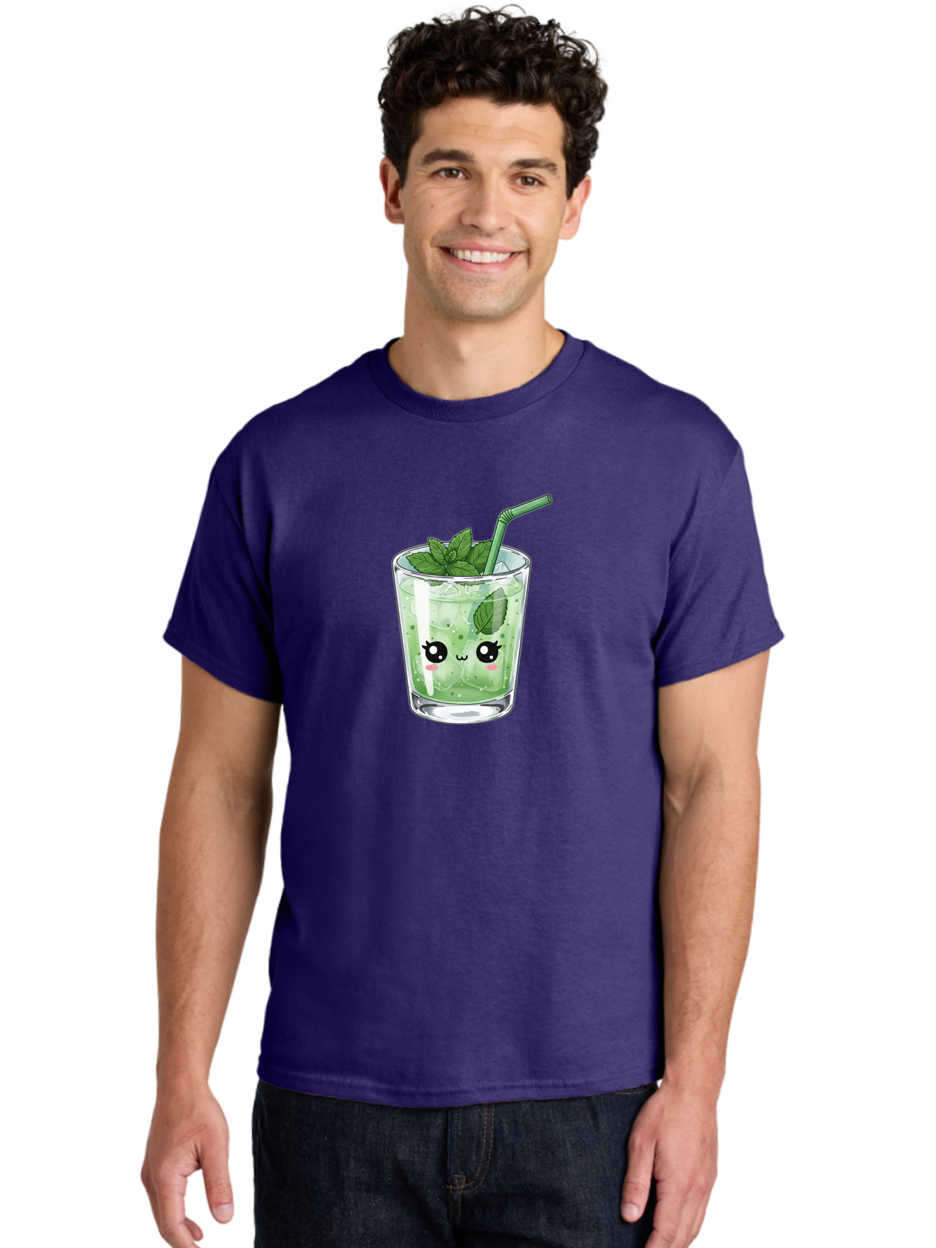 Minty-Drink-1 Men'S Graphic Tee, 100% Cotton, Comfortable Casual Summer Wear, Machine Washable, Refreshing Drink, Mint Leaves, Cute Cartoon Face, Green Straw, Cool Beverage, Iced Drink, Mojito, Summer Refreshment, Fun Illustration, Bad326