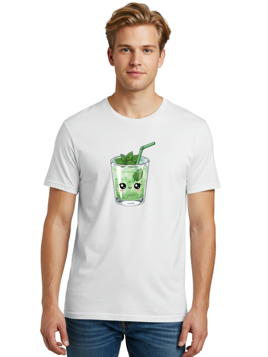 Minty-Drink-1 Men'S Graphic Tee, 100% Cotton, Comfortable Casual Summer Wear, Machine Washable, Refreshing Drink, Mint Leaves, Cute Cartoon Face, Green Straw, Cool Beverage, Iced Drink, Mojito, Summer Refreshment, Fun Illustration, Bad326