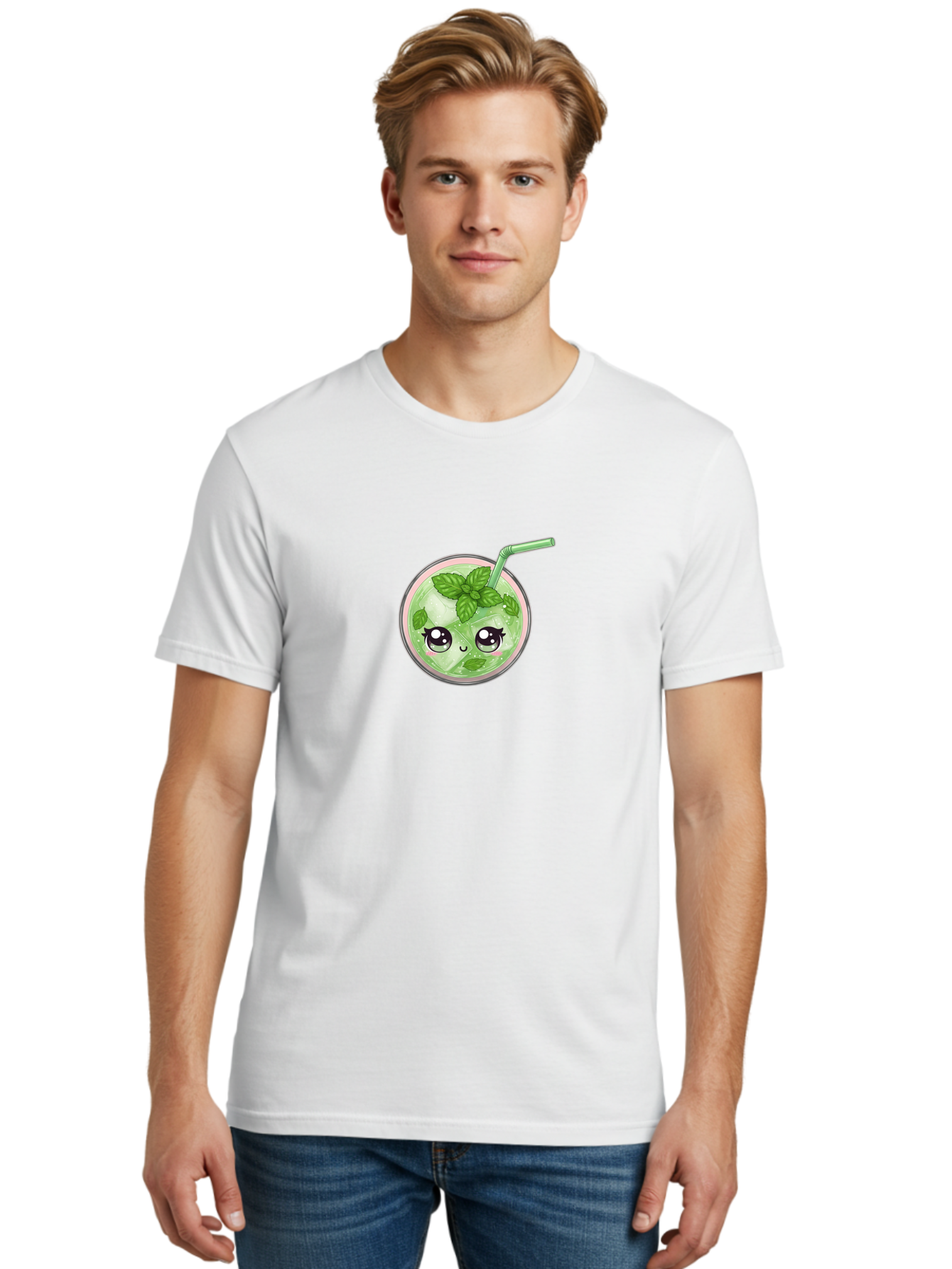 Minty-Drink Men'S Graphic Tee, 100% Cotton, Comfortable Casual Summer Wear, Machine Washable, Cartoon Mint Drink, Green Drink, Cool Beverage, Refreshing Drink, Cute Drink, Straw, Mint Leaves, Refreshing Mint Bad327