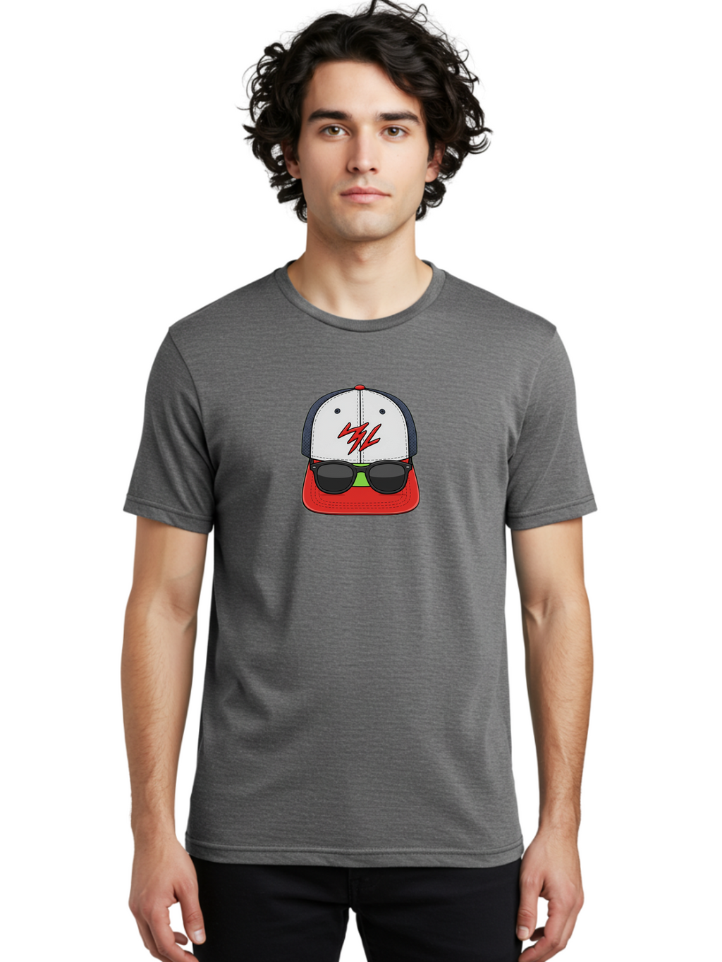 Mlb-Cap-Sunglasses Men'S Graphic Tee, 100% Cotton, Comfortable Casual Summer Wear, Machine Washable, Baseball Cap, Sunglasses, Red And White, Mlb Logo, Stylized Graphic, Sports Apparel, Fashion Accessory, Trendy Illustration, Logo Design, Bad329