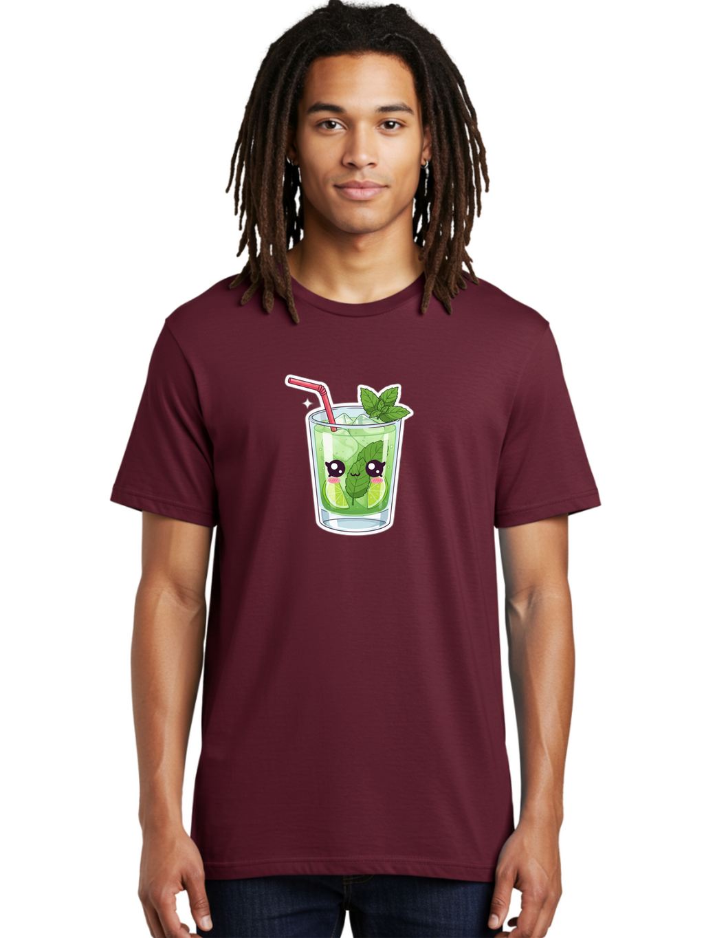 Mojito Men'S Graphic Tee, 100% Cotton, Comfortable Casual Summer Wear, Machine Washable, Mojito Cocktail, Refreshing Drink, Lime Wedges, Mint Leaves, Cartoon Style, Cute Characters, Summer Vibes, Pink Straw, Fun Illustration, Kawaii Design, Bad333