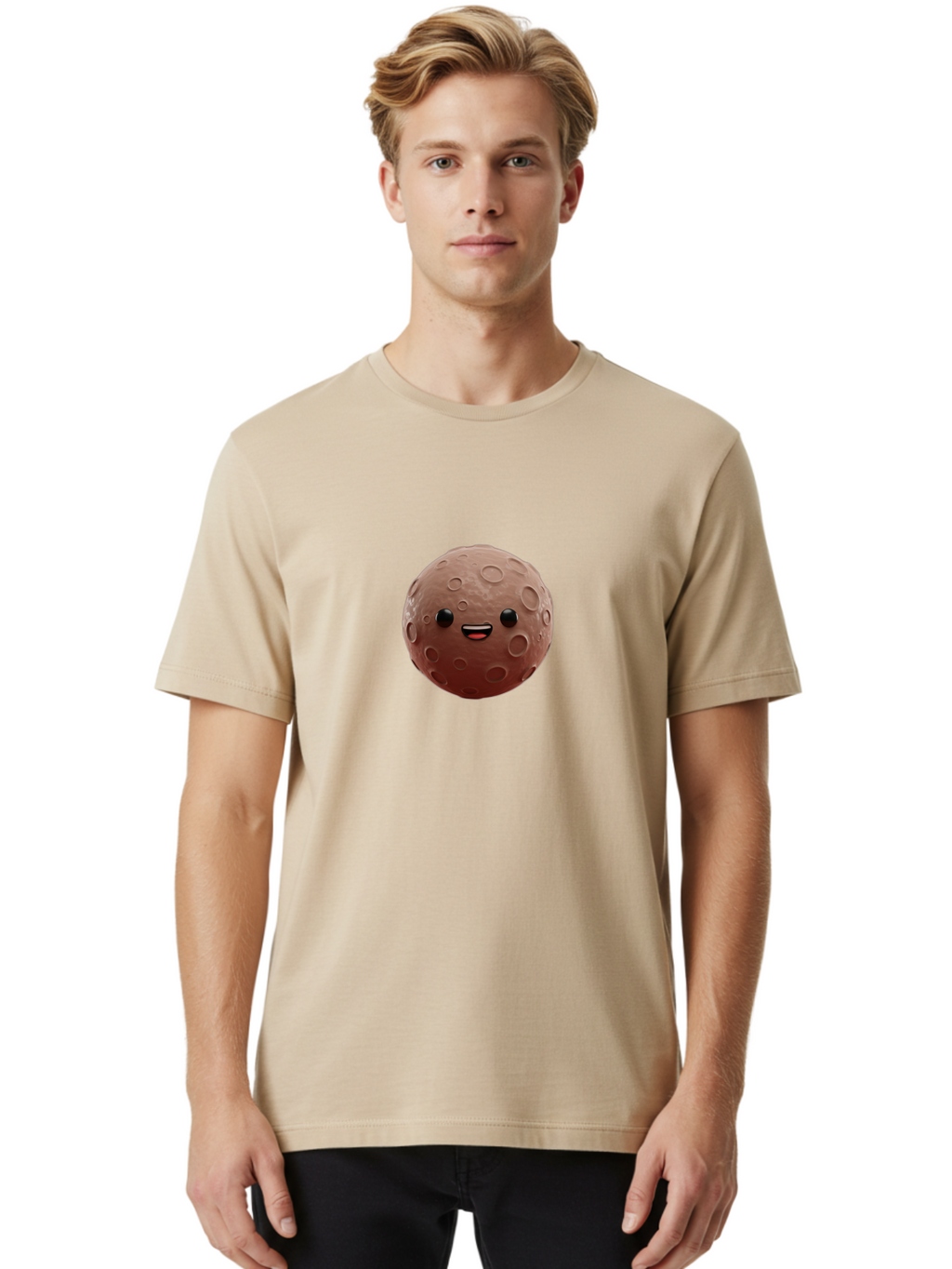 Moon-Character Men'S Graphic Tee, 100% Cotton, Comfortable Casual Summer Wear, Machine Washable, Cartoon Moon, Smiling Face, Lunar Surface, Craters, Adorable Character, Digital Illustration, 3D Rendering, Kawaii Art, Moon Emoji, Emoticon, Bad335