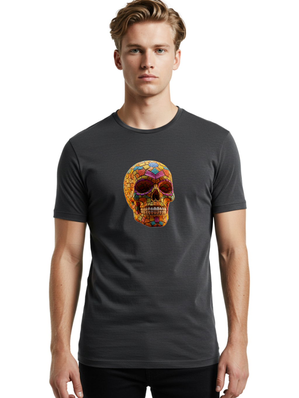 Mosaic-Sugar-Skull Men'S Graphic Tee, 100% Cotton, Comfortable Casual Summer Wear, Machine Washable, Sugar Skull, Mosaic Art, Colorful Tiles, Vibrant Colors, Festive Decoration, Day Of The Dead, Cultural Heritage, Folk Art, Skull Decoration Bad339