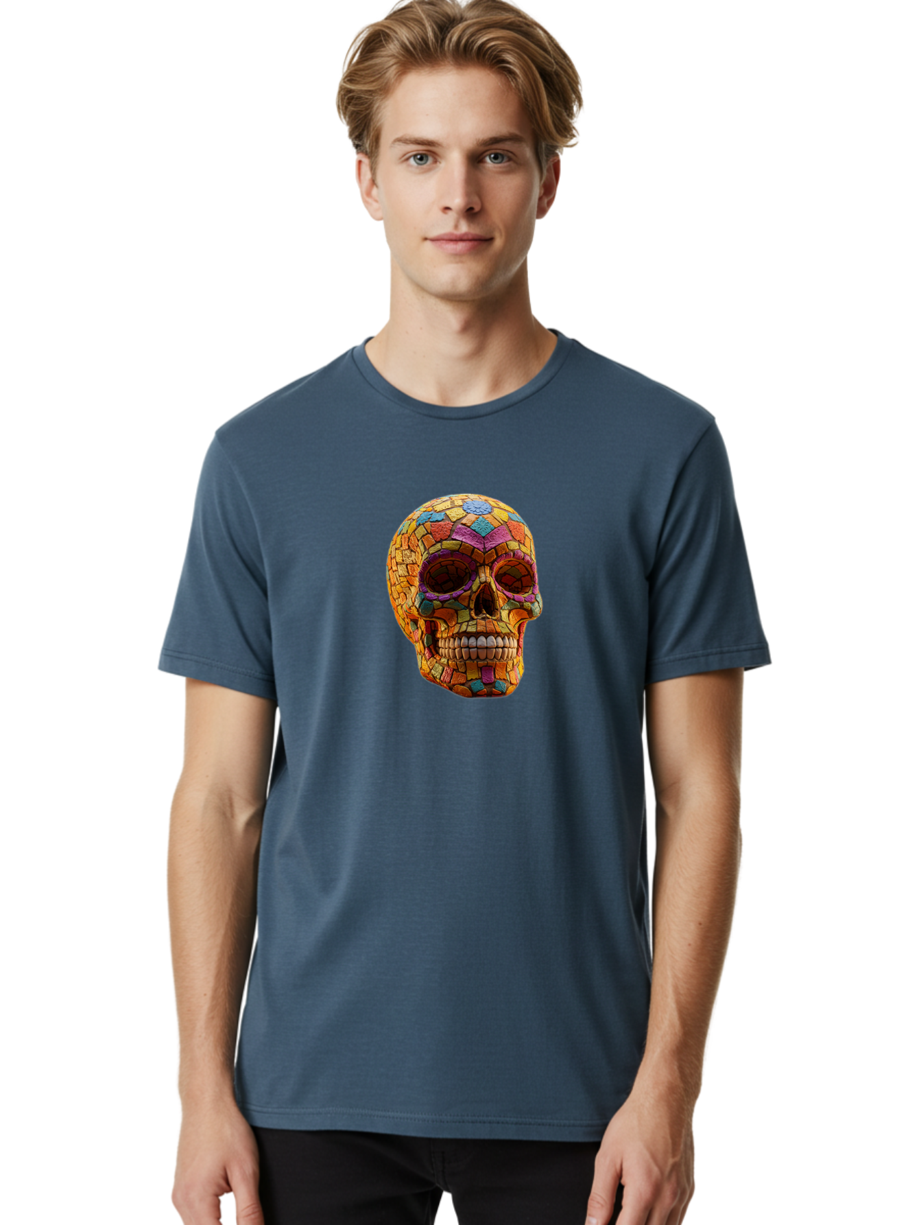 Mosaic-Sugar-Skull Men'S Graphic Tee, 100% Cotton, Comfortable Casual Summer Wear, Machine Washable, Sugar Skull, Mosaic Art, Colorful Tiles, Vibrant Colors, Festive Decoration, Day Of The Dead, Cultural Heritage, Folk Art, Skull Decoration Bad339