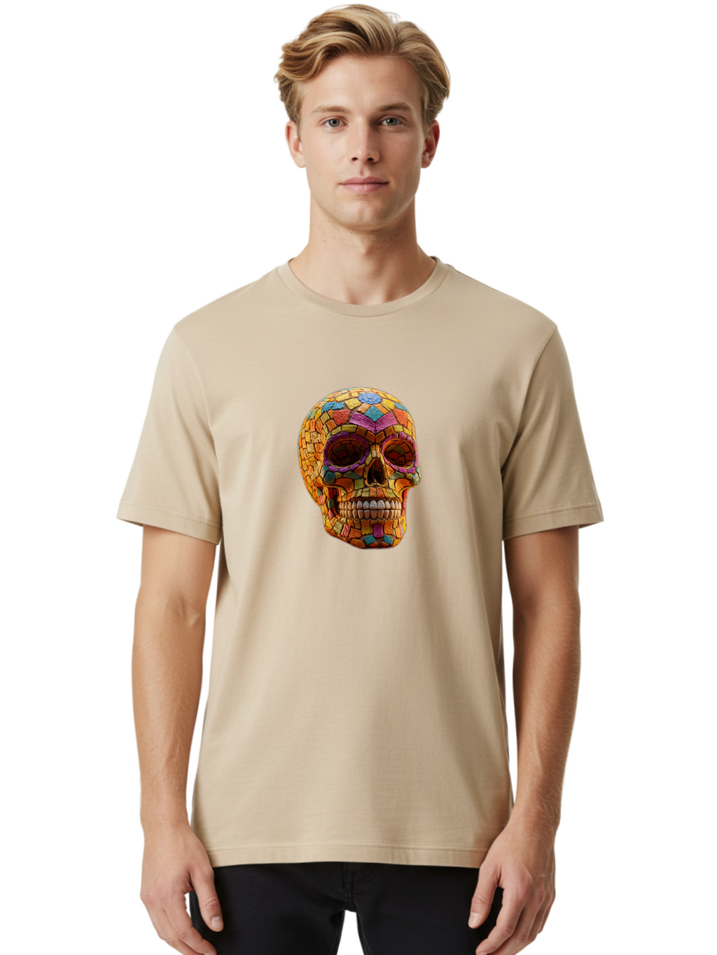 Mosaic-Sugar-Skull Men'S Graphic Tee, 100% Cotton, Comfortable Casual Summer Wear, Machine Washable, Sugar Skull, Mosaic Art, Colorful Tiles, Vibrant Colors, Festive Decoration, Day Of The Dead, Cultural Heritage, Folk Art, Skull Decoration Bad339