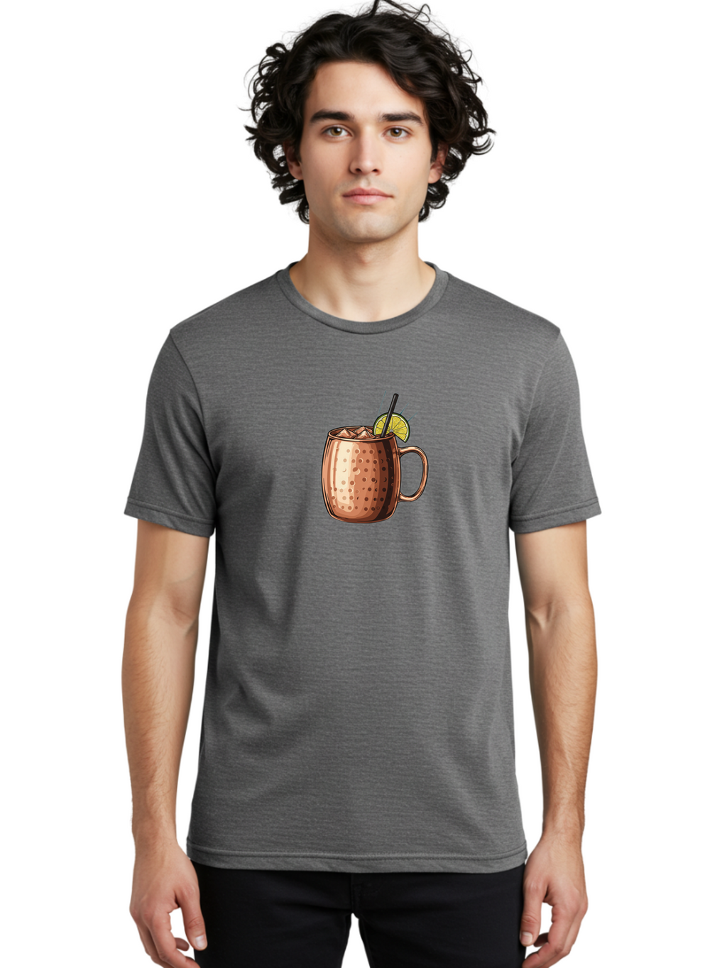 Moscow-Mule Men'S Graphic Tee, 100% Cotton, Comfortable Casual Summer Wear, Machine Washable, Copper Mug, Moscow Mule, Iced Drink, Lime Wedge, Black Straw, Condensation, Refreshing Cocktail, Cold Beverage, Summer Drink, Vodka Mixer Bad340