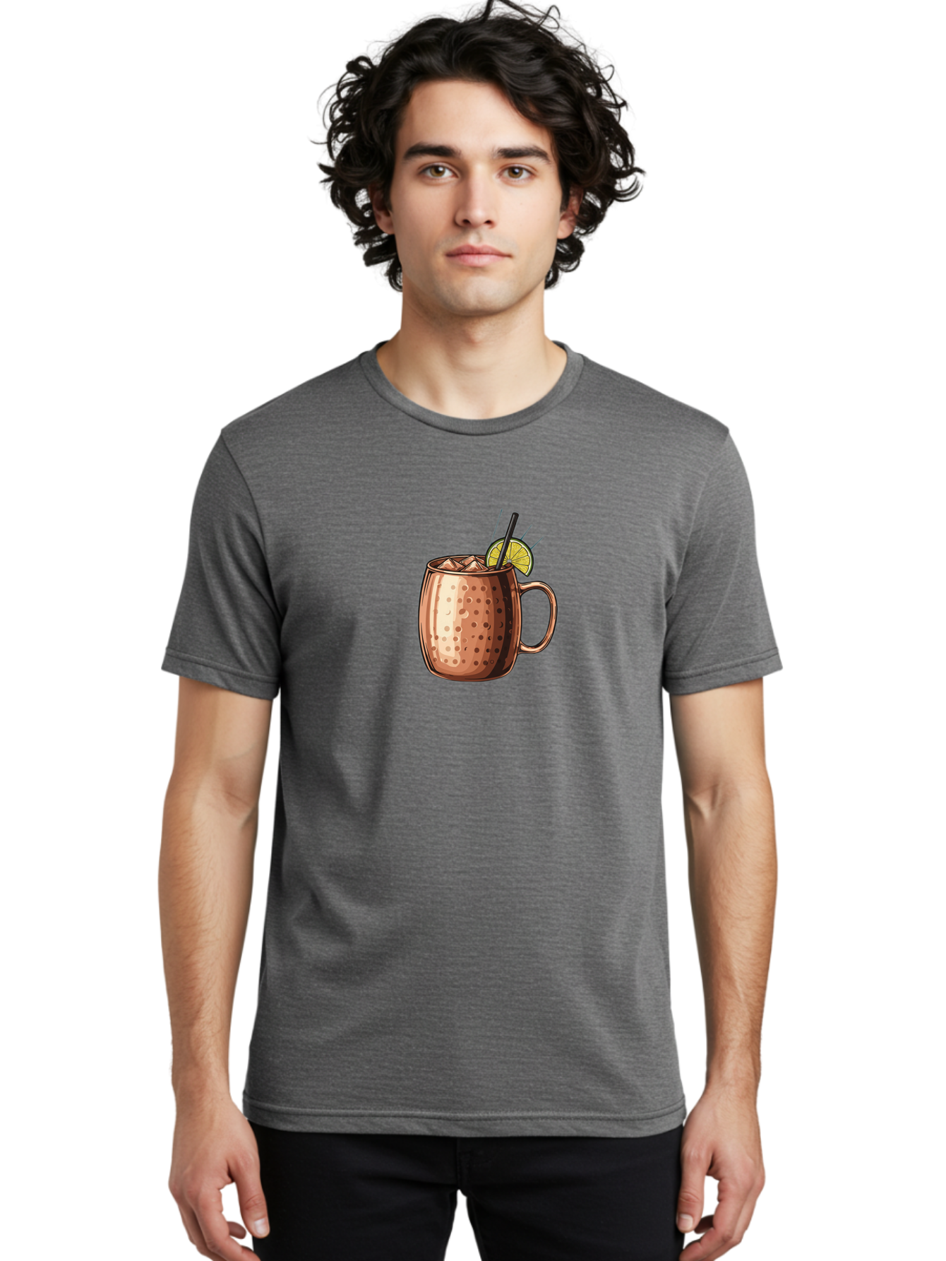 Moscow-Mule Men'S Graphic Tee, 100% Cotton, Comfortable Casual Summer Wear, Machine Washable, Copper Mug, Moscow Mule, Iced Drink, Lime Wedge, Black Straw, Condensation, Refreshing Cocktail, Cold Beverage, Summer Drink, Vodka Mixer Bad340