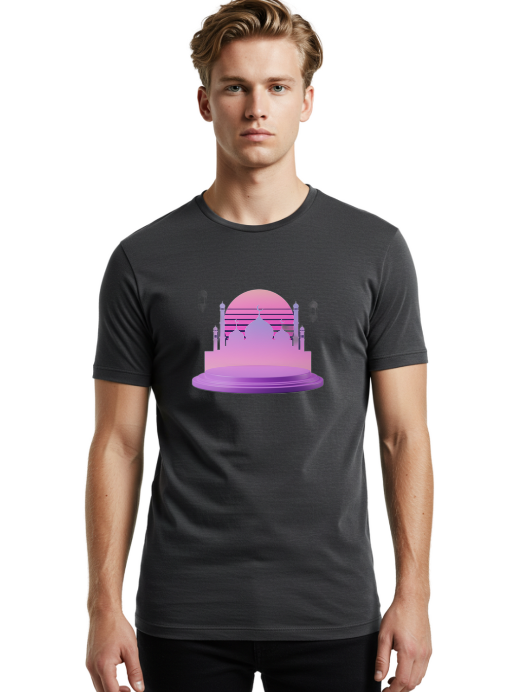 Mosque-Silhouette-1 Men'S Graphic Tee, 100% Cotton, Comfortable Casual Summer Wear, Machine Washable, Mosque Silhouette, Islamic Architecture, Cultural Heritage, Serene Atmosphere, Minimalist Design, Vibrant Colors, Peaceful Ambiance, Bad341