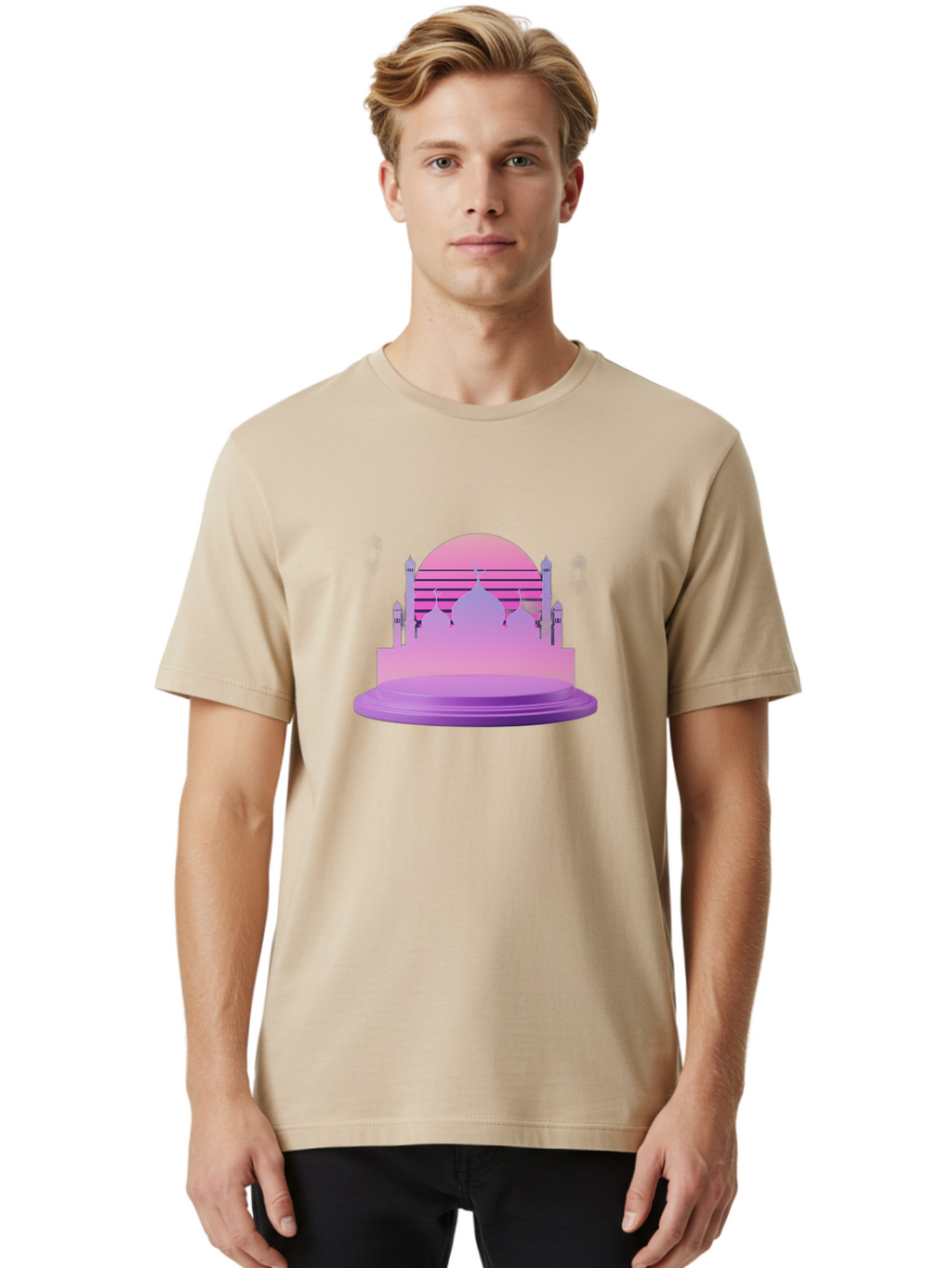 Mosque-Silhouette-1 Men'S Graphic Tee, 100% Cotton, Comfortable Casual Summer Wear, Machine Washable, Mosque Silhouette, Islamic Architecture, Cultural Heritage, Serene Atmosphere, Minimalist Design, Vibrant Colors, Peaceful Ambiance, Bad341