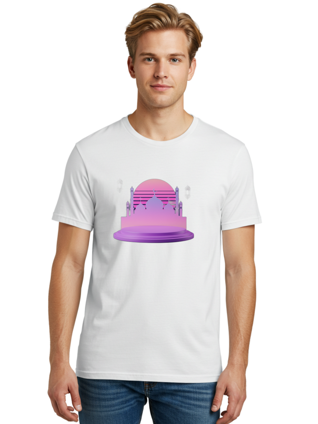 Mosque-Silhouette-1 Men'S Graphic Tee, 100% Cotton, Comfortable Casual Summer Wear, Machine Washable, Mosque Silhouette, Islamic Architecture, Cultural Heritage, Serene Atmosphere, Minimalist Design, Vibrant Colors, Peaceful Ambiance, Bad341