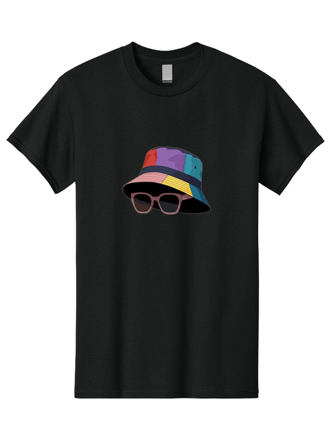 Multicolored-Bucket-Hat Men'S Graphic Tee, 100% Cotton, Comfortable Casual Summer Wear, Machine Washable, Patchwork Bucket Hat, Colorful Hat, Sunglasses Accessory, Fashion Statement, Streetwear Style, Vibrant Colors, Trendy Accessory, Bad344