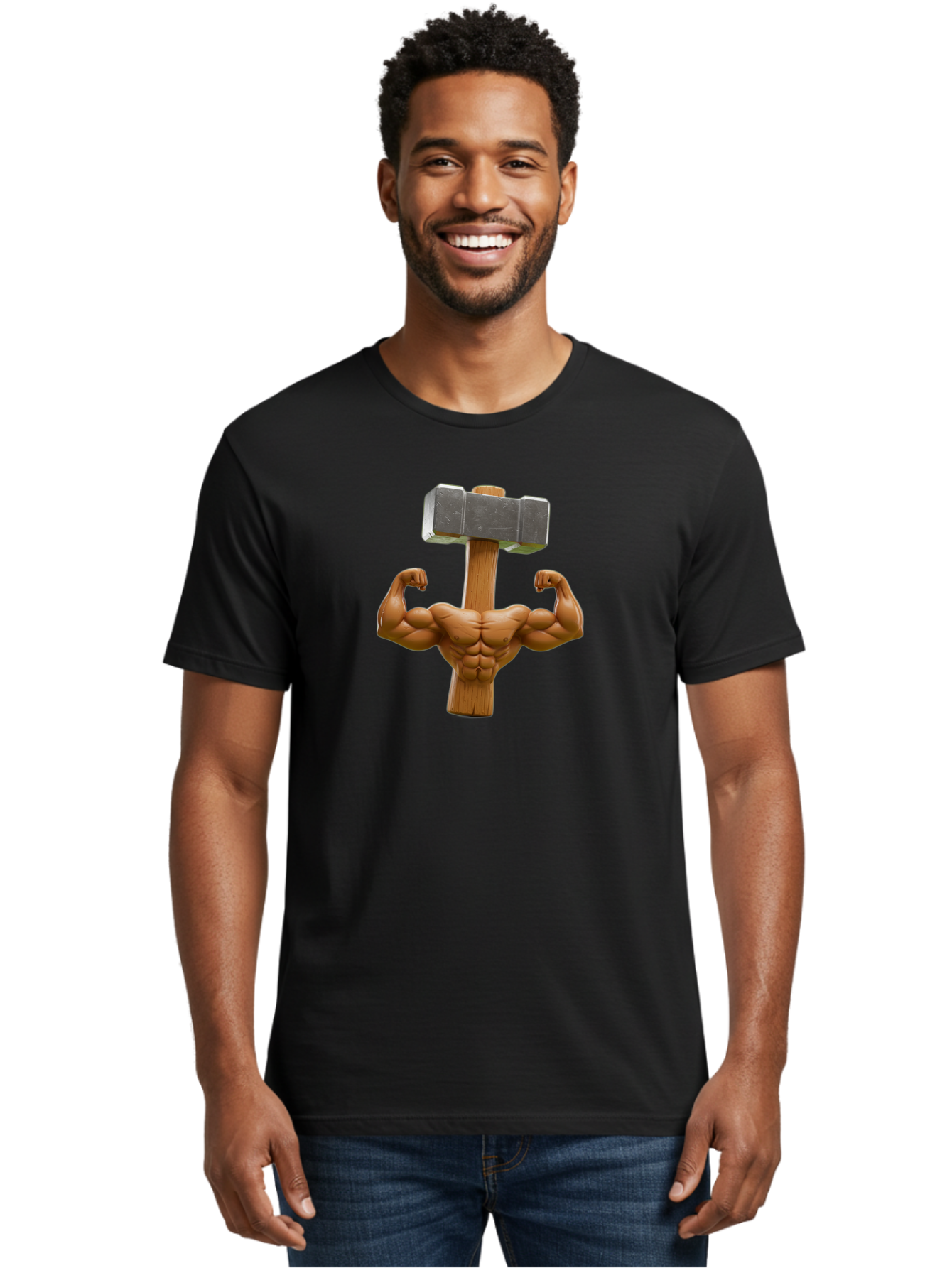 Muscular-Arm-Flexing Men'S Graphic Tee, 100% Cotton, Comfortable Casual Summer Wear, Machine Washable, Muscular Male Torso, Hammer Head, Wooden Handle, Flexed Arms, Strong Physique, Muscle Definition, Fitness, Strength Training, Bodybuilding Bad345