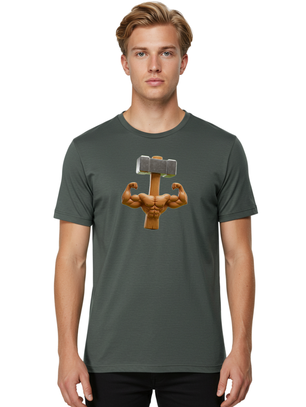 Muscular-Arm-Flexing Men'S Graphic Tee, 100% Cotton, Comfortable Casual Summer Wear, Machine Washable, Muscular Male Torso, Hammer Head, Wooden Handle, Flexed Arms, Strong Physique, Muscle Definition, Fitness, Strength Training, Bodybuilding Bad345