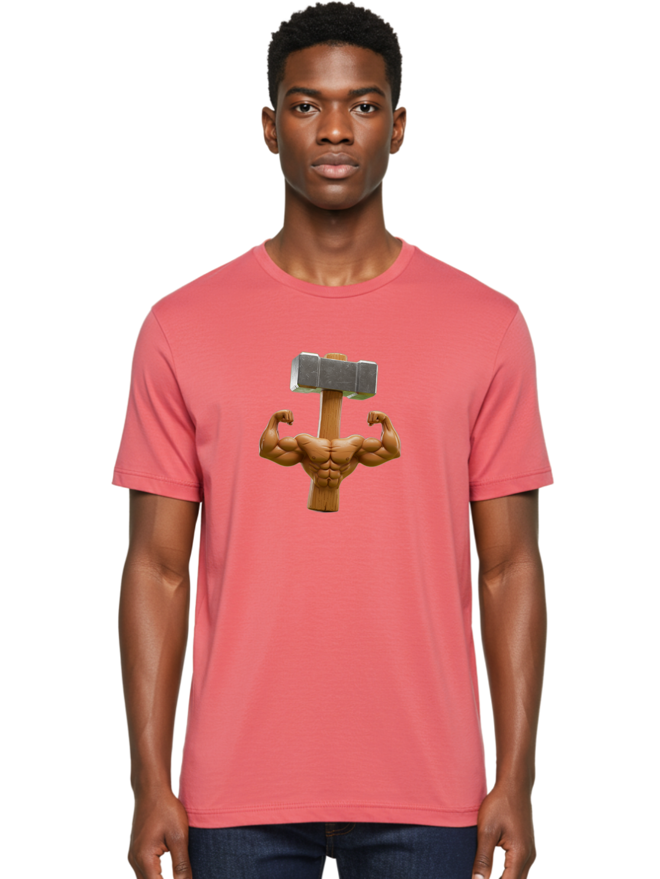 Muscular-Arm-Flexing Men'S Graphic Tee, 100% Cotton, Comfortable Casual Summer Wear, Machine Washable, Muscular Male Torso, Hammer Head, Wooden Handle, Flexed Arms, Strong Physique, Muscle Definition, Fitness, Strength Training, Bodybuilding Bad345