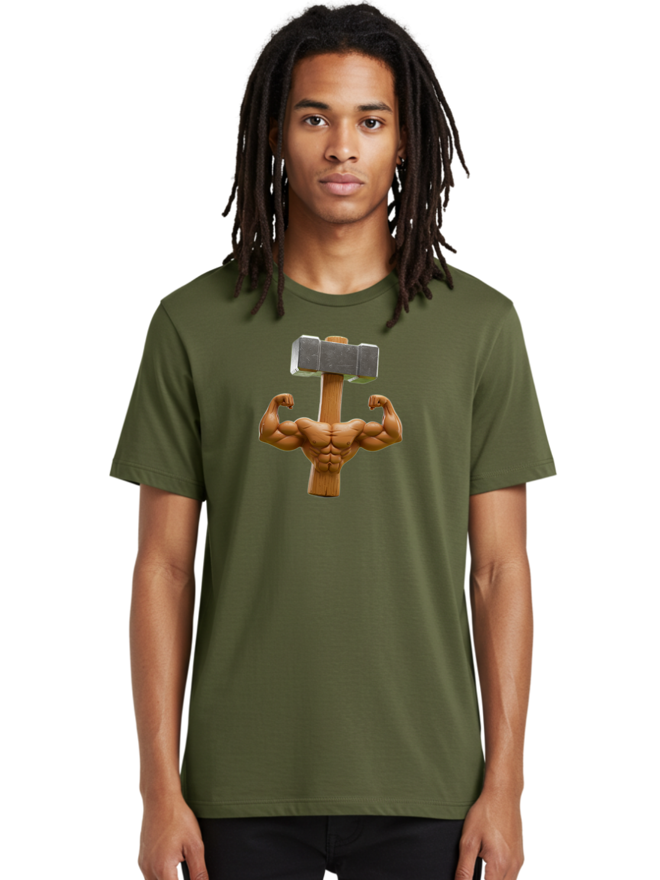 Muscular-Arm-Flexing Men'S Graphic Tee, 100% Cotton, Comfortable Casual Summer Wear, Machine Washable, Muscular Male Torso, Hammer Head, Wooden Handle, Flexed Arms, Strong Physique, Muscle Definition, Fitness, Strength Training, Bodybuilding Bad345