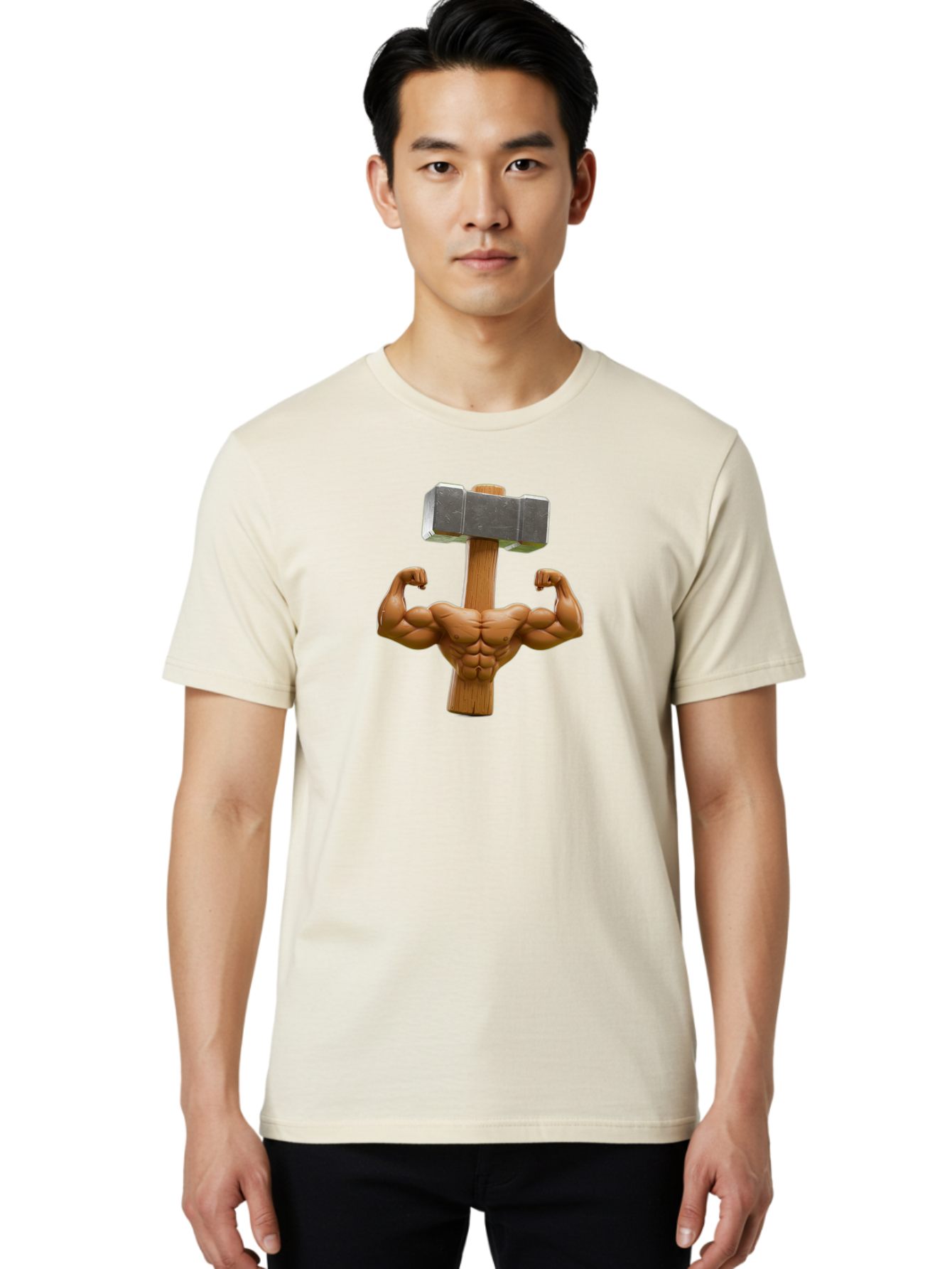 Muscular-Arm-Flexing Men'S Graphic Tee, 100% Cotton, Comfortable Casual Summer Wear, Machine Washable, Muscular Male Torso, Hammer Head, Wooden Handle, Flexed Arms, Strong Physique, Muscle Definition, Fitness, Strength Training, Bodybuilding Bad345
