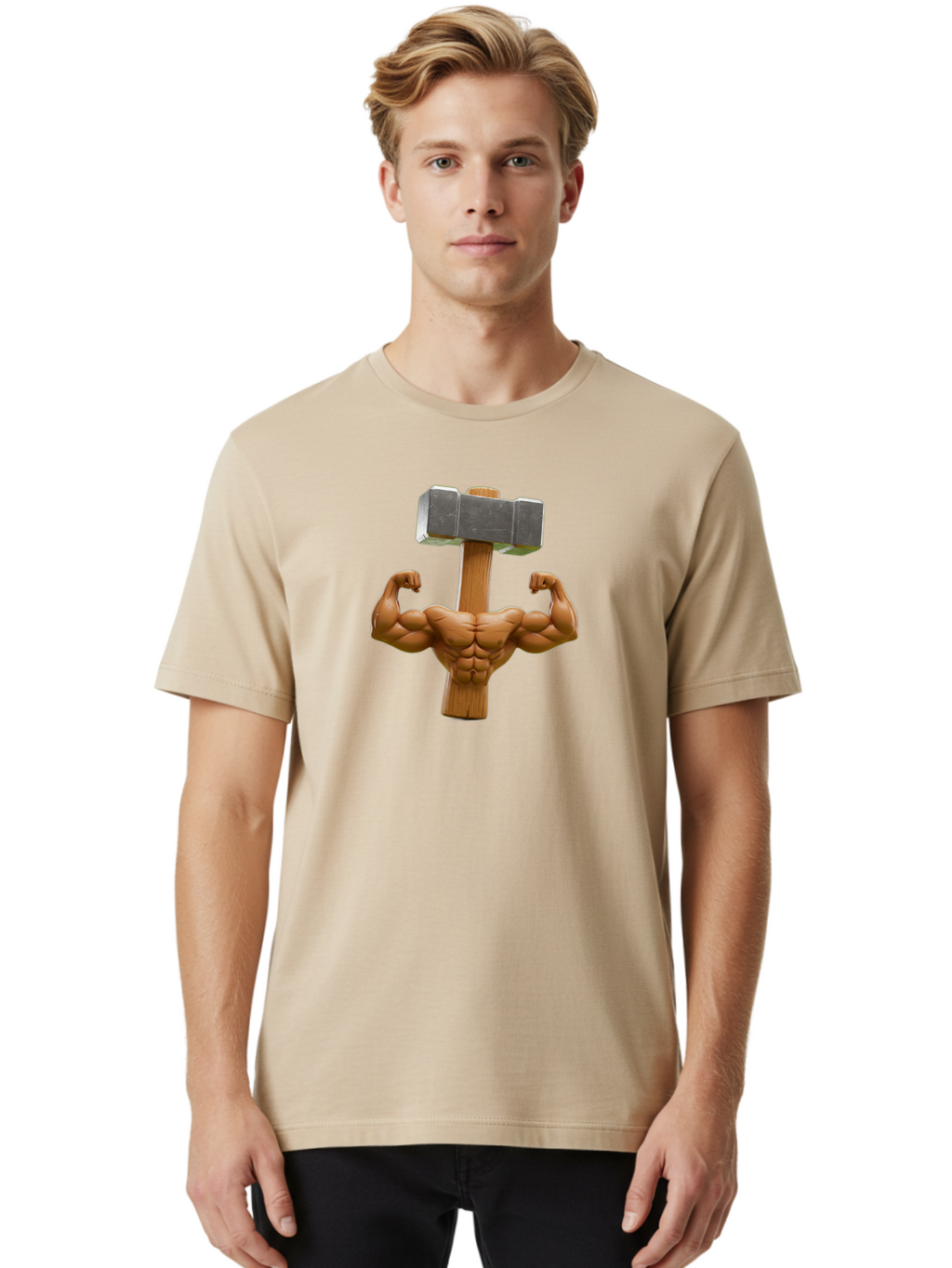 Muscular-Arm-Flexing Men'S Graphic Tee, 100% Cotton, Comfortable Casual Summer Wear, Machine Washable, Muscular Male Torso, Hammer Head, Wooden Handle, Flexed Arms, Strong Physique, Muscle Definition, Fitness, Strength Training, Bodybuilding Bad345
