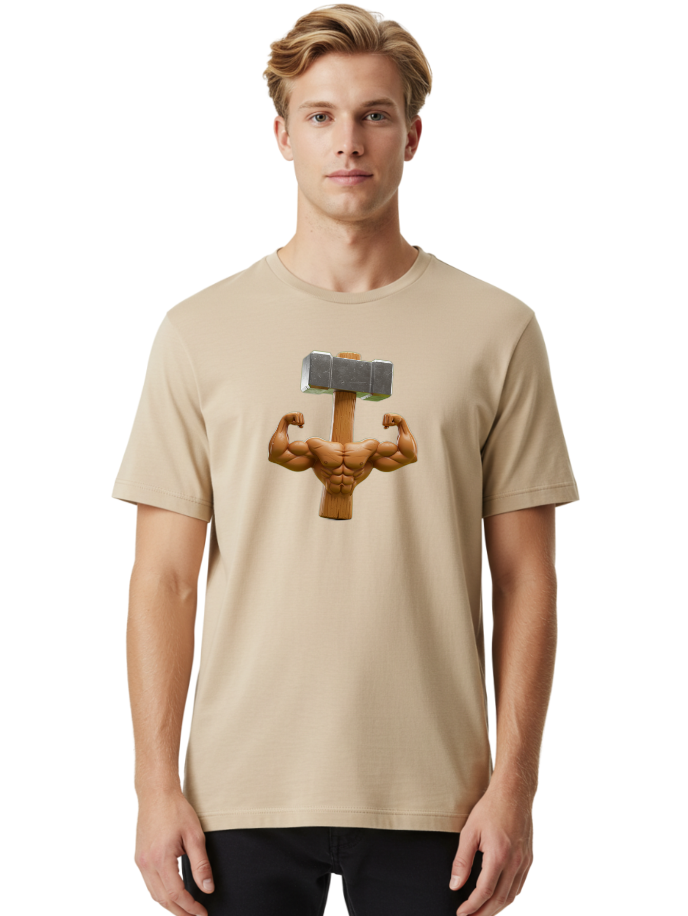 Muscular-Arm-Flexing Men'S Graphic Tee, 100% Cotton, Comfortable Casual Summer Wear, Machine Washable, Muscular Male Torso, Hammer Head, Wooden Handle, Flexed Arms, Strong Physique, Muscle Definition, Fitness, Strength Training, Bodybuilding Bad345