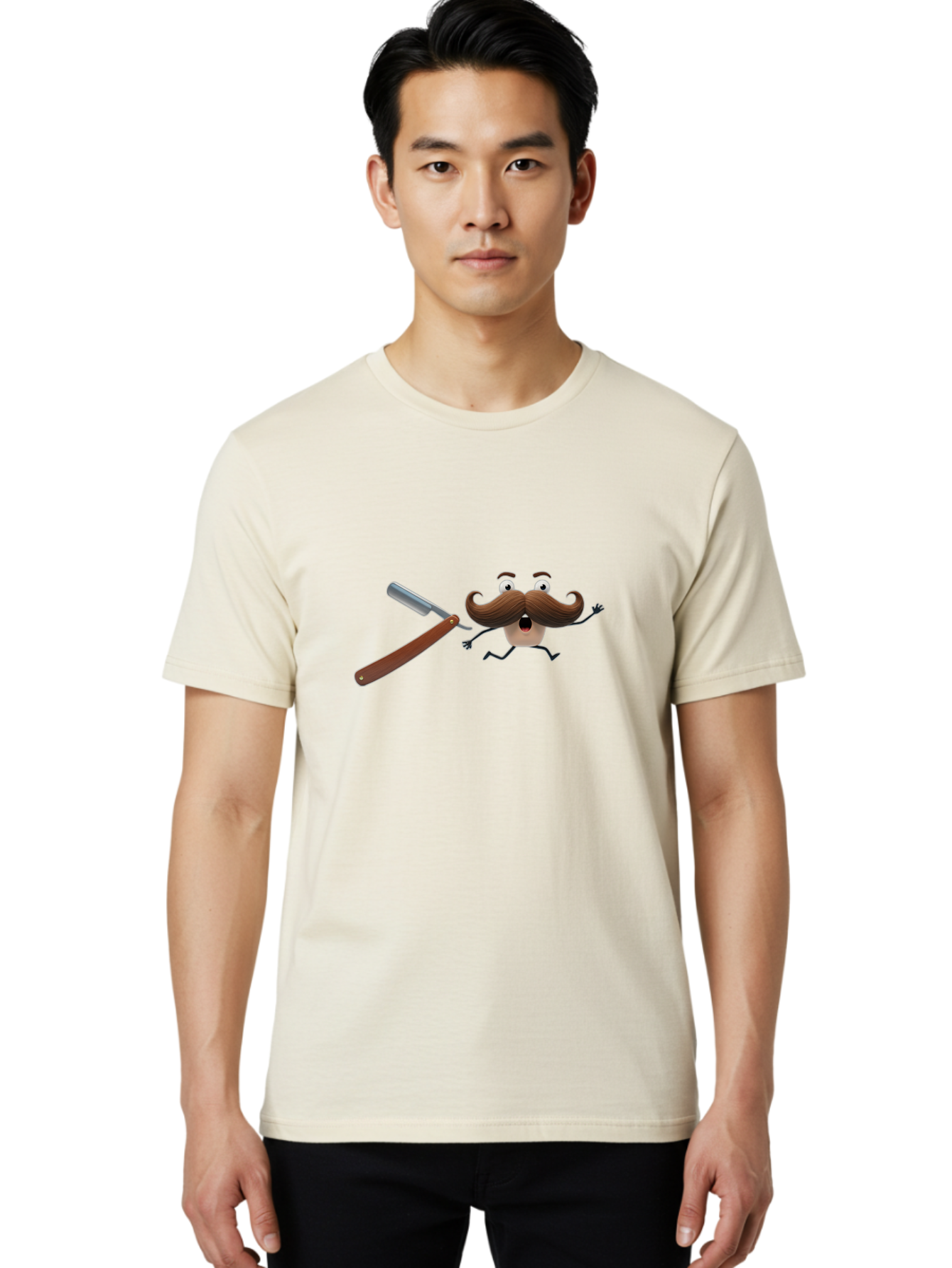Mustache-Character Men'S Graphic Tee, 100% Cotton, Comfortable Casual Summer Wear, Machine Washable, Straight Razor, Cartoon Mustache, Humorous Character, Shaving Humor, Facial Hair, Quirky Illustration, Men'S Grooming, Comedic Art Bad348