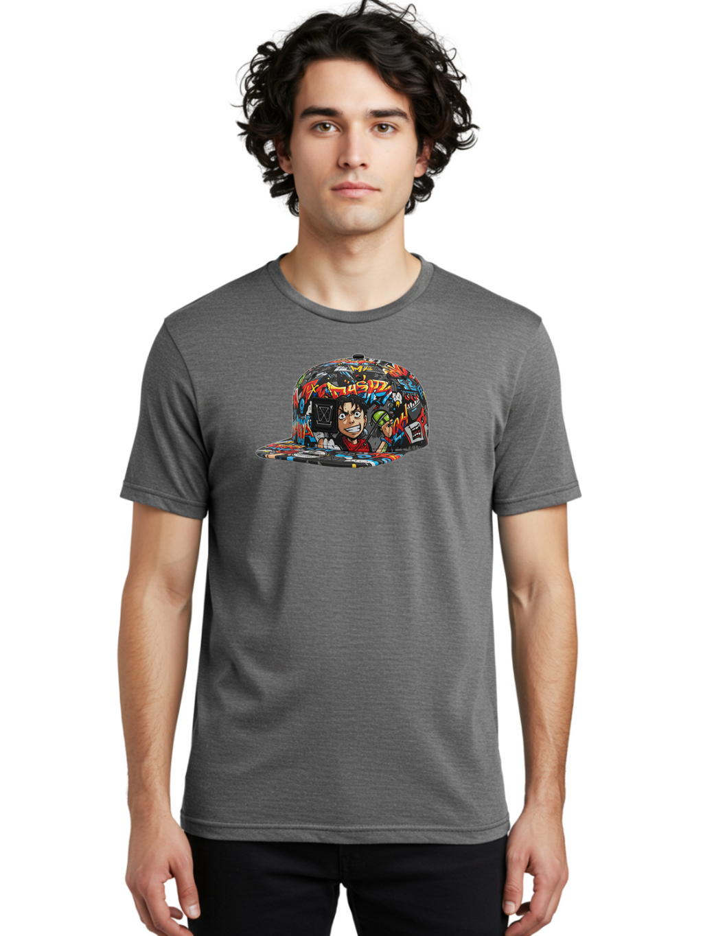 Muz7-Baseball-Cap Men'S Graphic Tee, 100% Cotton, Comfortable Casual Summer Wear, Machine Washable, Graffiti Cap, Streetwear Fashion, Colorful Hat, Urban Style, Cartoon Character, Spray Paint Can, Vibrant Colors, Edgy Design, Trendy Accessory, Bad350