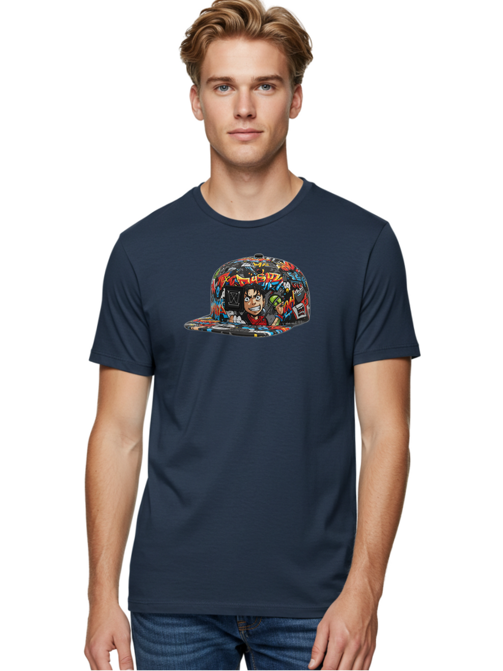 Muz7-Baseball-Cap Men'S Graphic Tee, 100% Cotton, Comfortable Casual Summer Wear, Machine Washable, Graffiti Cap, Streetwear Fashion, Colorful Hat, Urban Style, Cartoon Character, Spray Paint Can, Vibrant Colors, Edgy Design, Trendy Accessory, Bad350