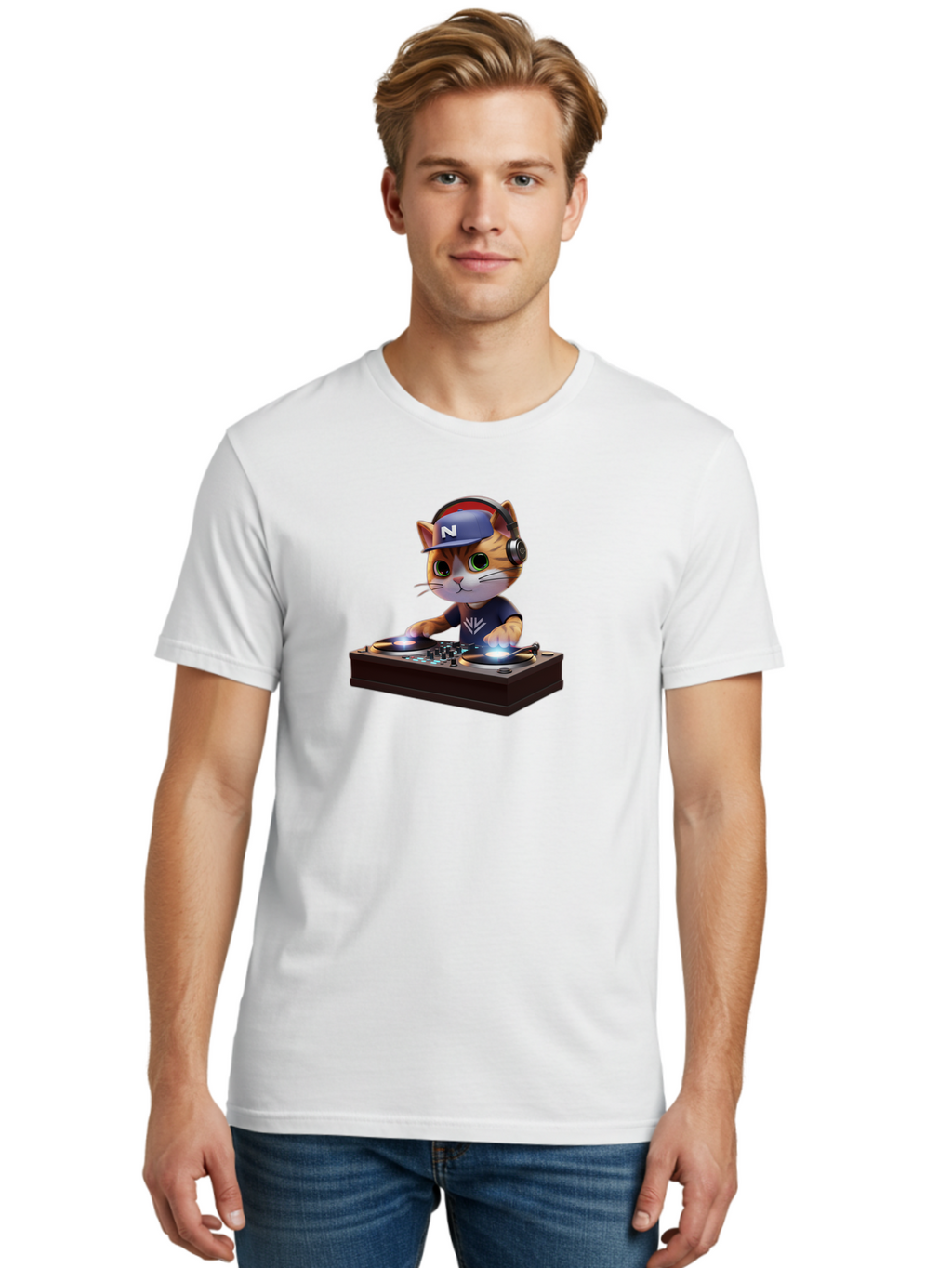 N-Dj-Cat Men'S Graphic Tee, 100% Cotton, Comfortable Casual Summer Wear, Machine Washable, Dj Cat, Cat Wearing Headphones, Mixing Music, Cat Djing, Electronic Dance Music, Edm, Cat In Hat, Dj Controller, Music Production, Fun, Trendy Bad351