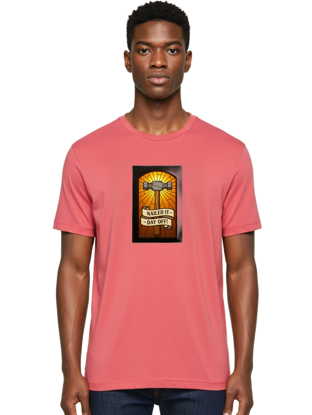 Nailed-It-Day-Off Men'S Graphic Tee, 100% Cotton, Comfortable Casual Summer Wear, Machine Washable, Hammer And Nail Illustration, Stained Glass Art, Day Off Celebration, Nailed It Humor, Diy Project, Weekend Vibes, Relaxation Mode, Bad353