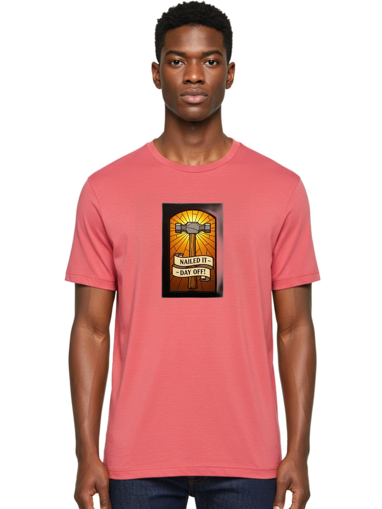 Nailed-It-Day-Off Men'S Graphic Tee, 100% Cotton, Comfortable Casual Summer Wear, Machine Washable, Hammer And Nail Illustration, Stained Glass Art, Day Off Celebration, Nailed It Humor, Diy Project, Weekend Vibes, Relaxation Mode, Bad353