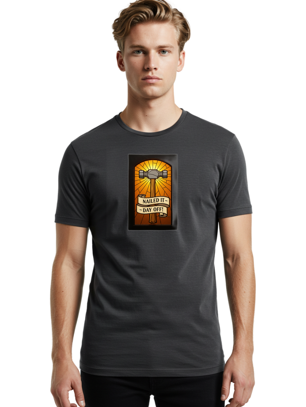 Nailed-It-Day-Off Men'S Graphic Tee, 100% Cotton, Comfortable Casual Summer Wear, Machine Washable, Hammer And Nail Illustration, Stained Glass Art, Day Off Celebration, Nailed It Humor, Diy Project, Weekend Vibes, Relaxation Mode, Bad353