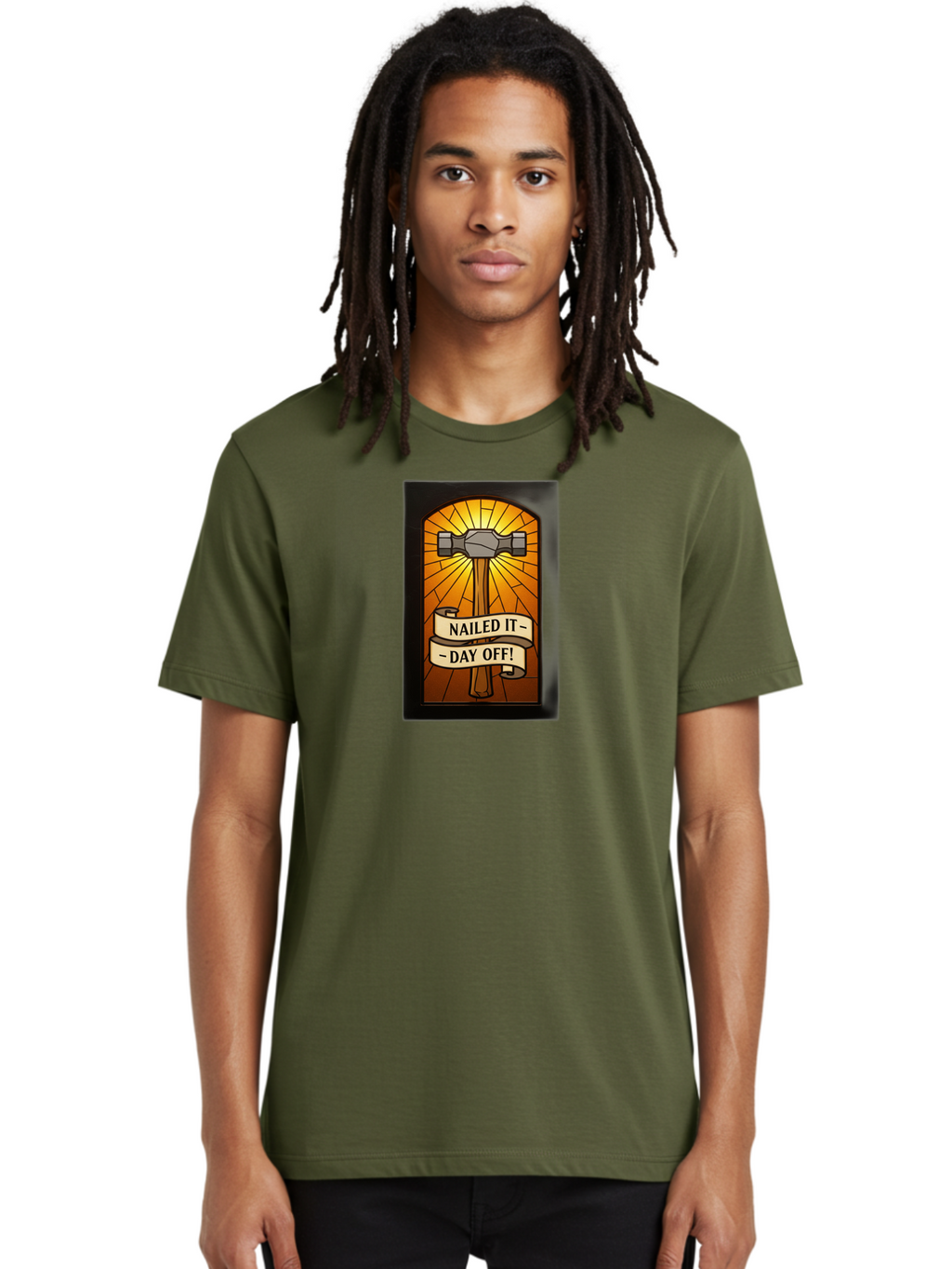 Nailed-It-Day-Off Men'S Graphic Tee, 100% Cotton, Comfortable Casual Summer Wear, Machine Washable, Hammer And Nail Illustration, Stained Glass Art, Day Off Celebration, Nailed It Humor, Diy Project, Weekend Vibes, Relaxation Mode, Bad353